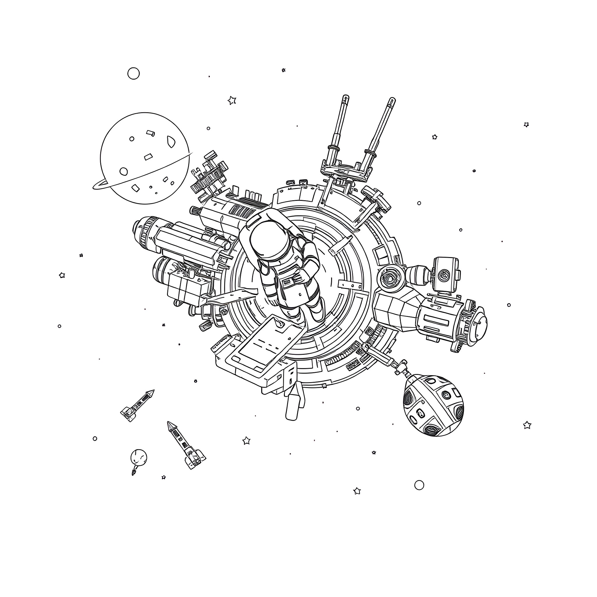 Spaceman exploring intricate mechanical spacecraft Coloring Page (free black-and-white line drawing printable PDF for all, from beginners to advanced learners, including children, teens, adults, and seniors)
