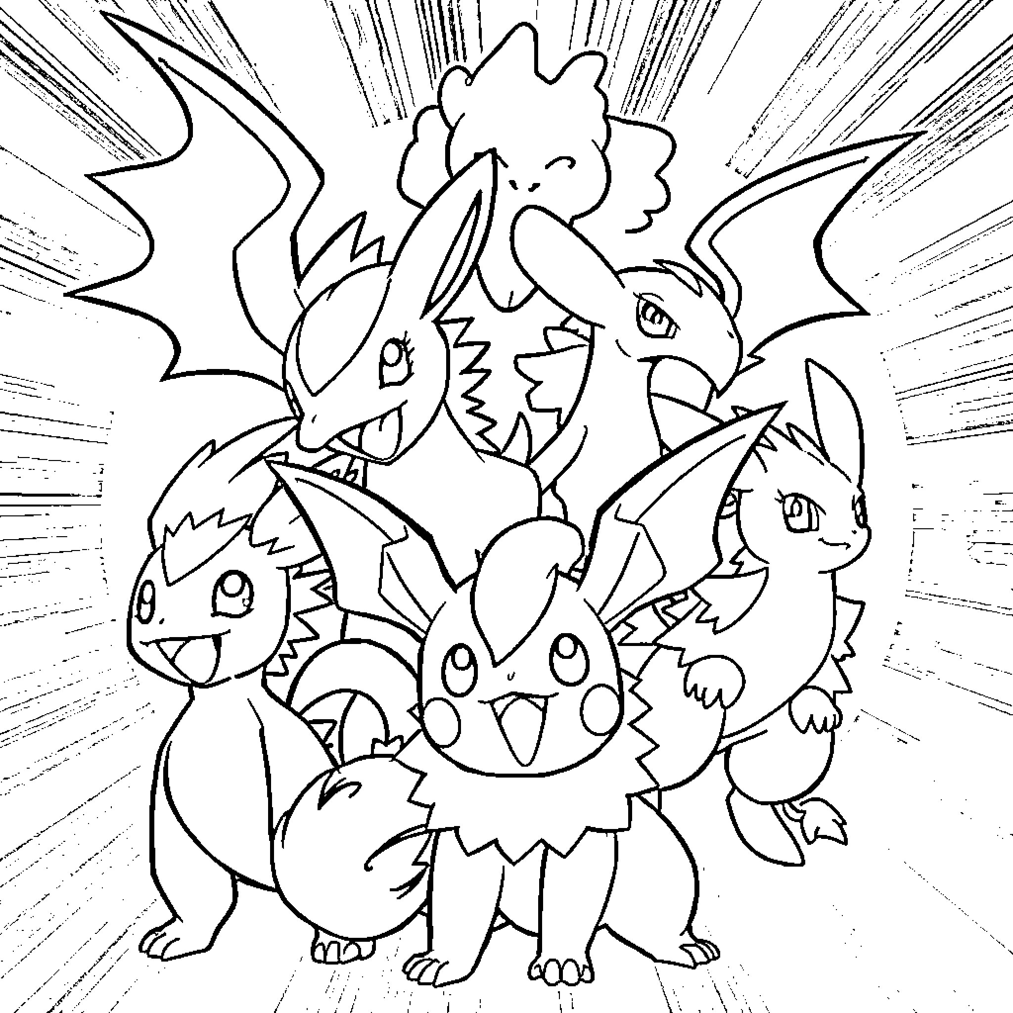 Pokémon characters in dynamic action pose Coloring Page (free black-and-white line drawing printable PDF for all, from beginners to advanced learners, including children, teens, adults, and seniors)