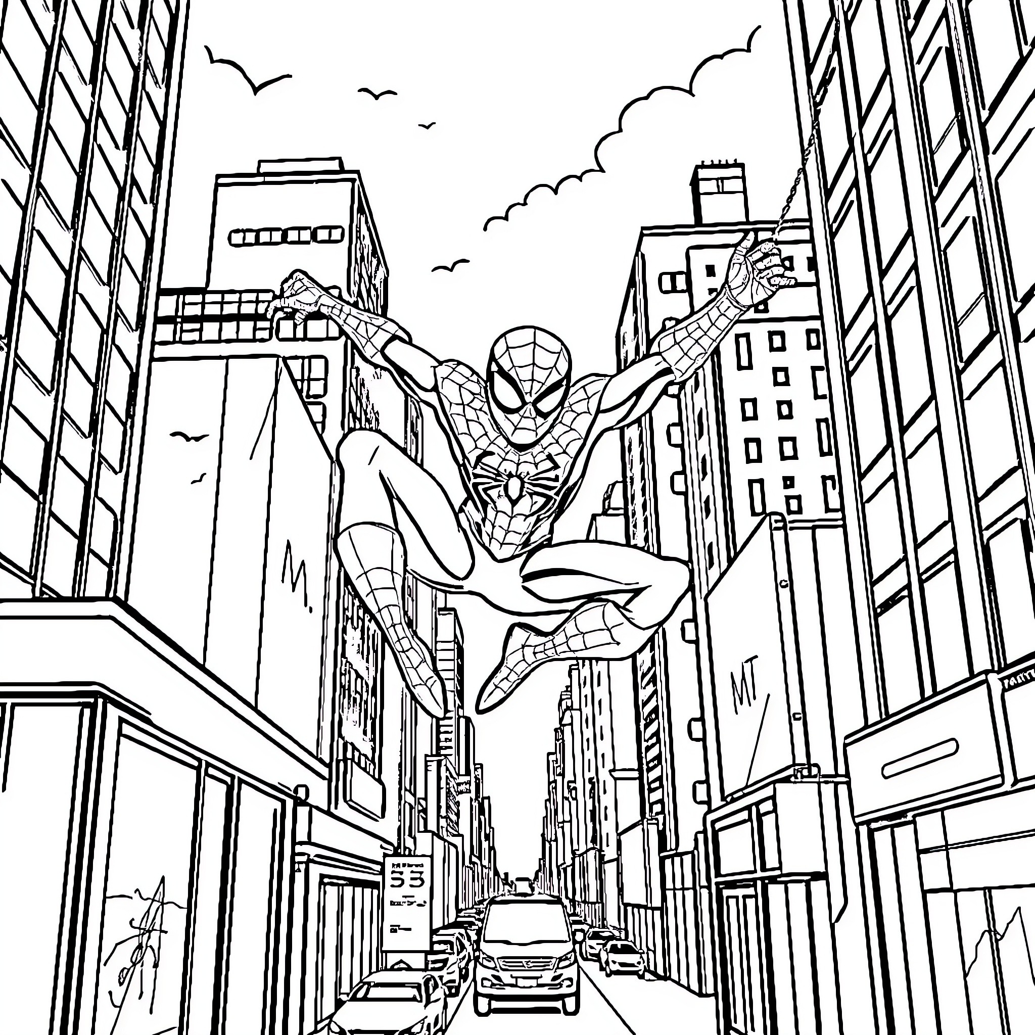 Spider-Man swinging through the city skyline Coloring Page (free black-and-white line drawing printable PDF for all, from beginners to advanced learners, including children, teens, adults, and seniors)