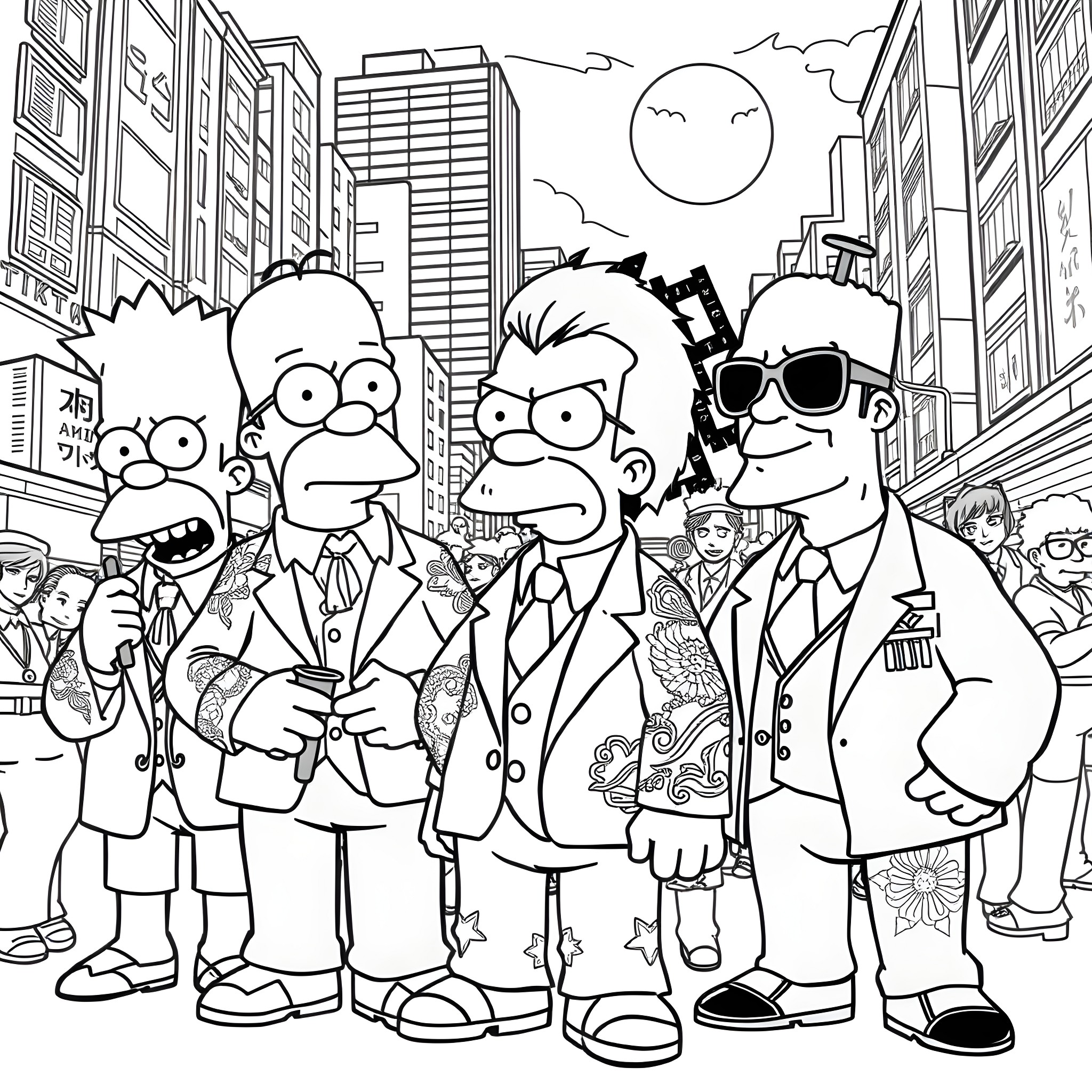 Simpsons characters in a lively city scene Coloring Page (free black-and-white line drawing printable PDF for all, from beginners to advanced learners, including children, teens, adults, and seniors)