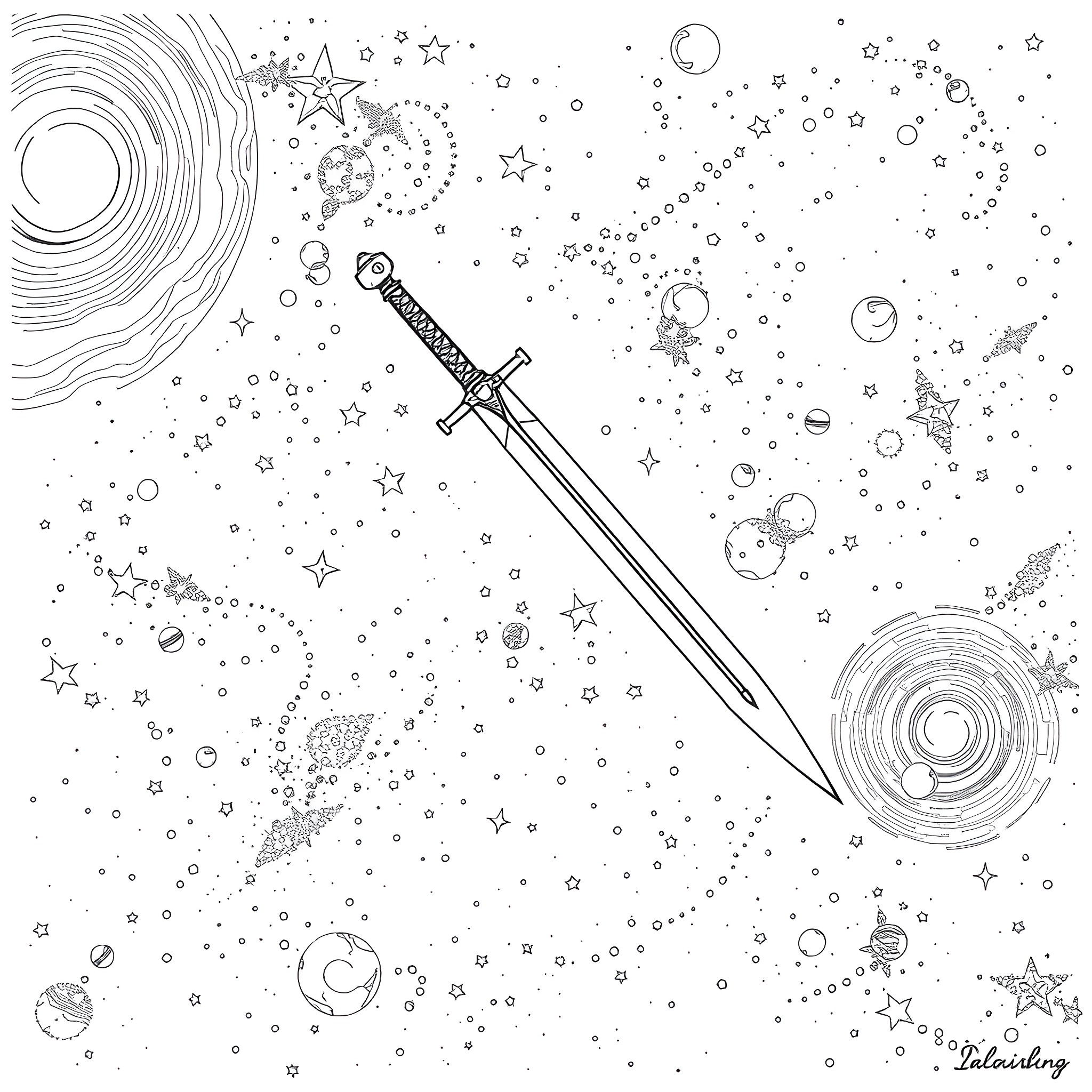 Sword amidst cosmic swirls and celestial bodies Coloring Page (free black-and-white line drawing printable PDF for all, from beginners to advanced learners, including children, teens, adults, and seniors)
