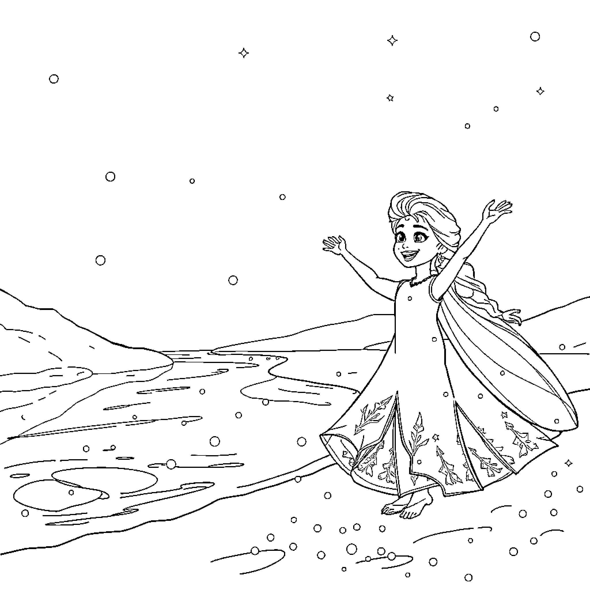 Princess Elsa joyfully dancing in a winter landscape Coloring Page (free black-and-white line drawing printable PDF for all, from beginners to advanced learners, including children, teens, adults, and seniors)