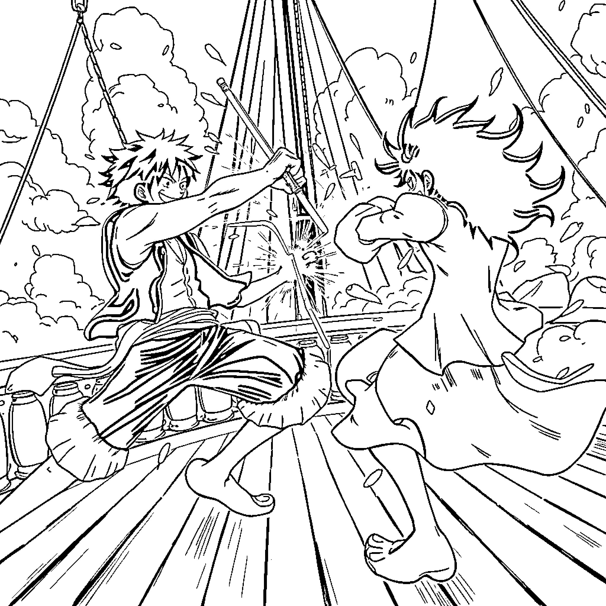 Luffy's Thrilling Adventure with Dinosaur Coloring Page (free black-and-white line drawing printable PDF for all, from beginners to advanced learners, including children, teens, adults, and seniors)
