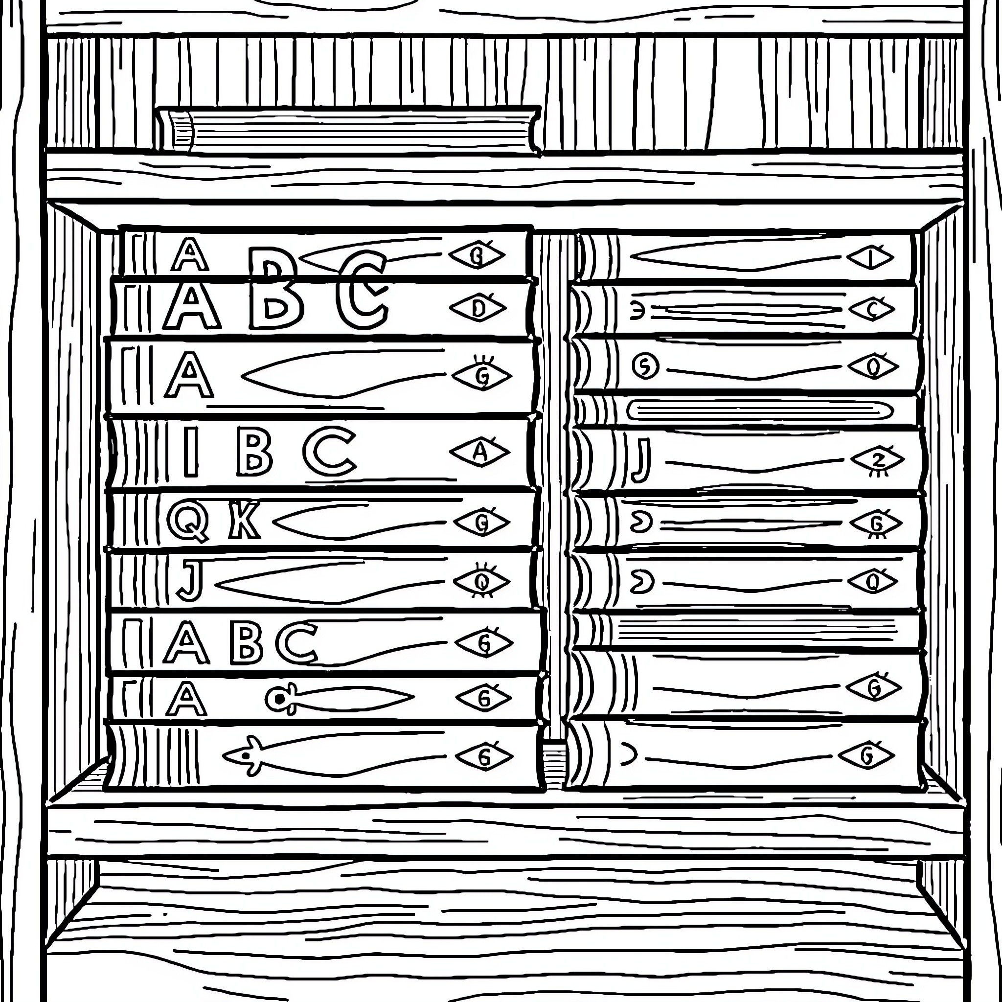 ABC Library Shelves with Alphabet Letters Coloring Page (free black-and-white line drawing printable PDF for all, from beginners to advanced learners, including children, teens, adults, and seniors)