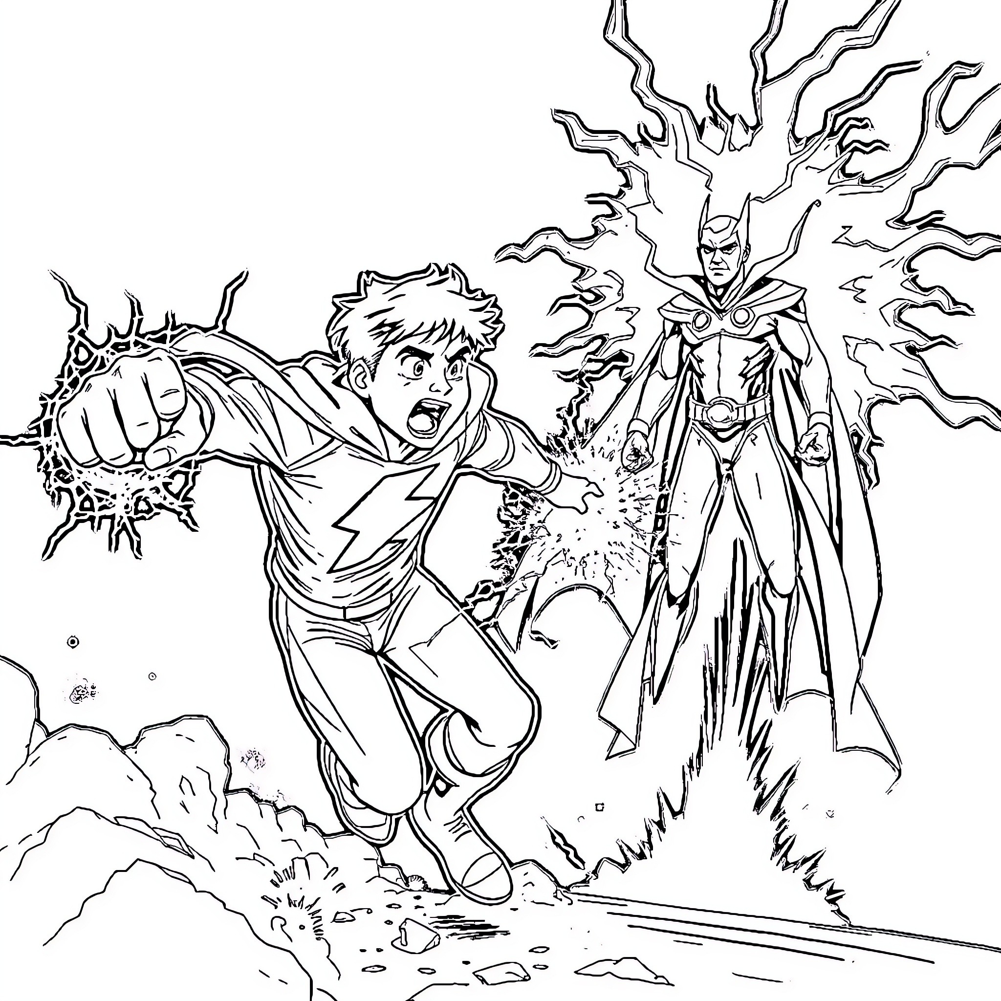 Superhero battles a formidable foe with intense energy Coloring Page (free black-and-white line drawing printable PDF for all, from beginners to advanced learners, including children, teens, adults, and seniors)