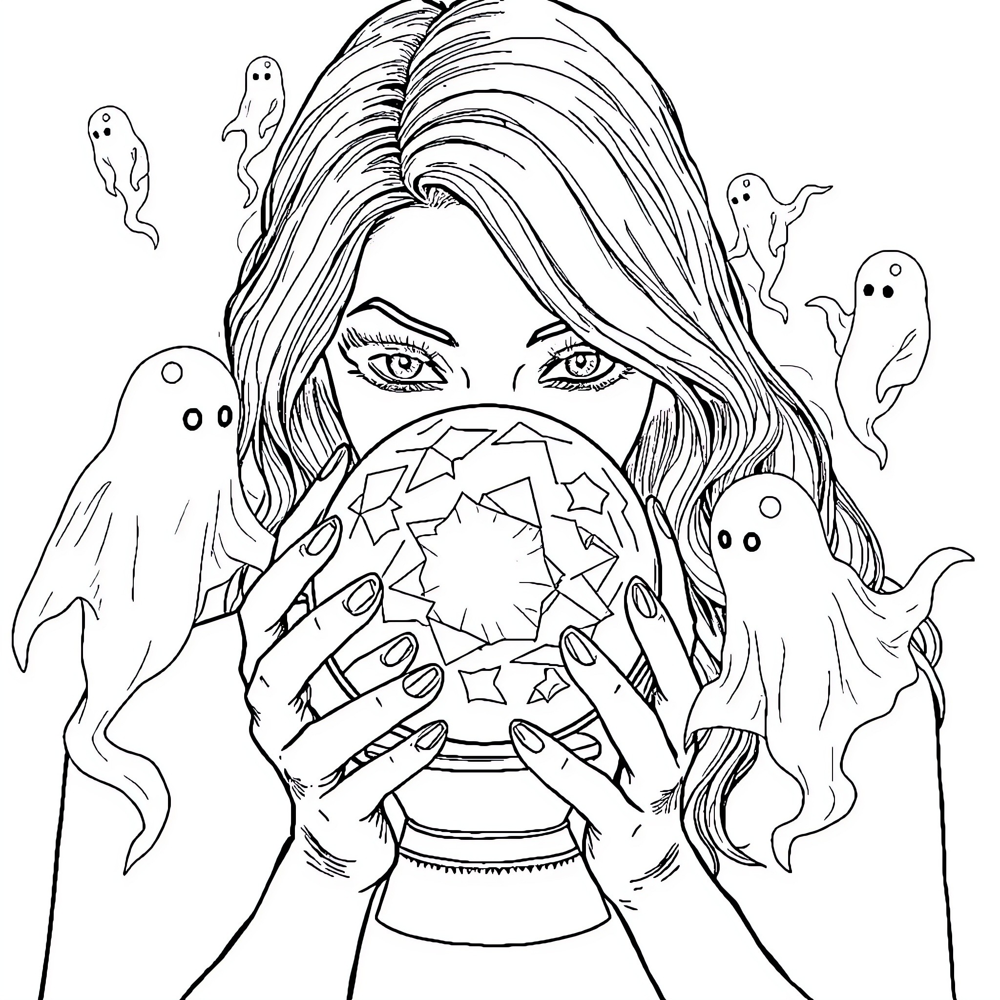 Woman holding ghostly crystal ball with spirits Coloring Page (free black-and-white line drawing printable PDF for all, from beginners to advanced learners, including children, teens, adults, and seniors)