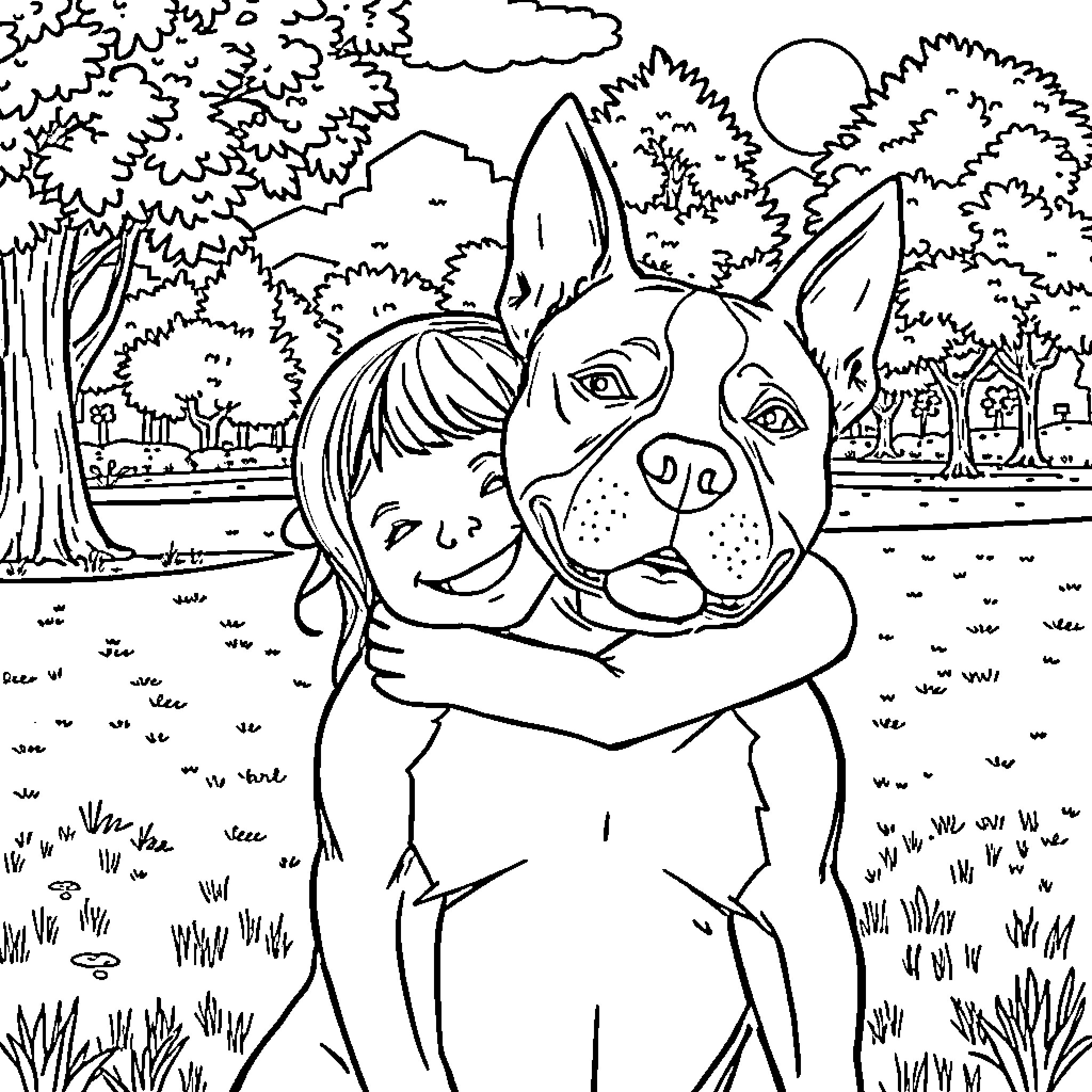 Pitbull sharing a loving moment with their owner in nature Coloring Page (free black-and-white line drawing printable PDF for all, from beginners to advanced learners, including children, teens, adults, and seniors)