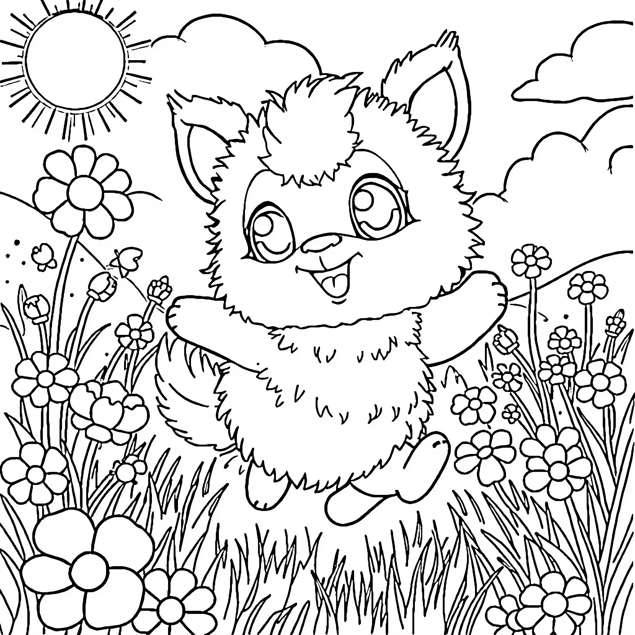 Labubu playing happily in a flowery meadow Coloring Page (free black-and-white line drawing printable PDF for all, from beginners to advanced learners, including children, teens, adults, and seniors)