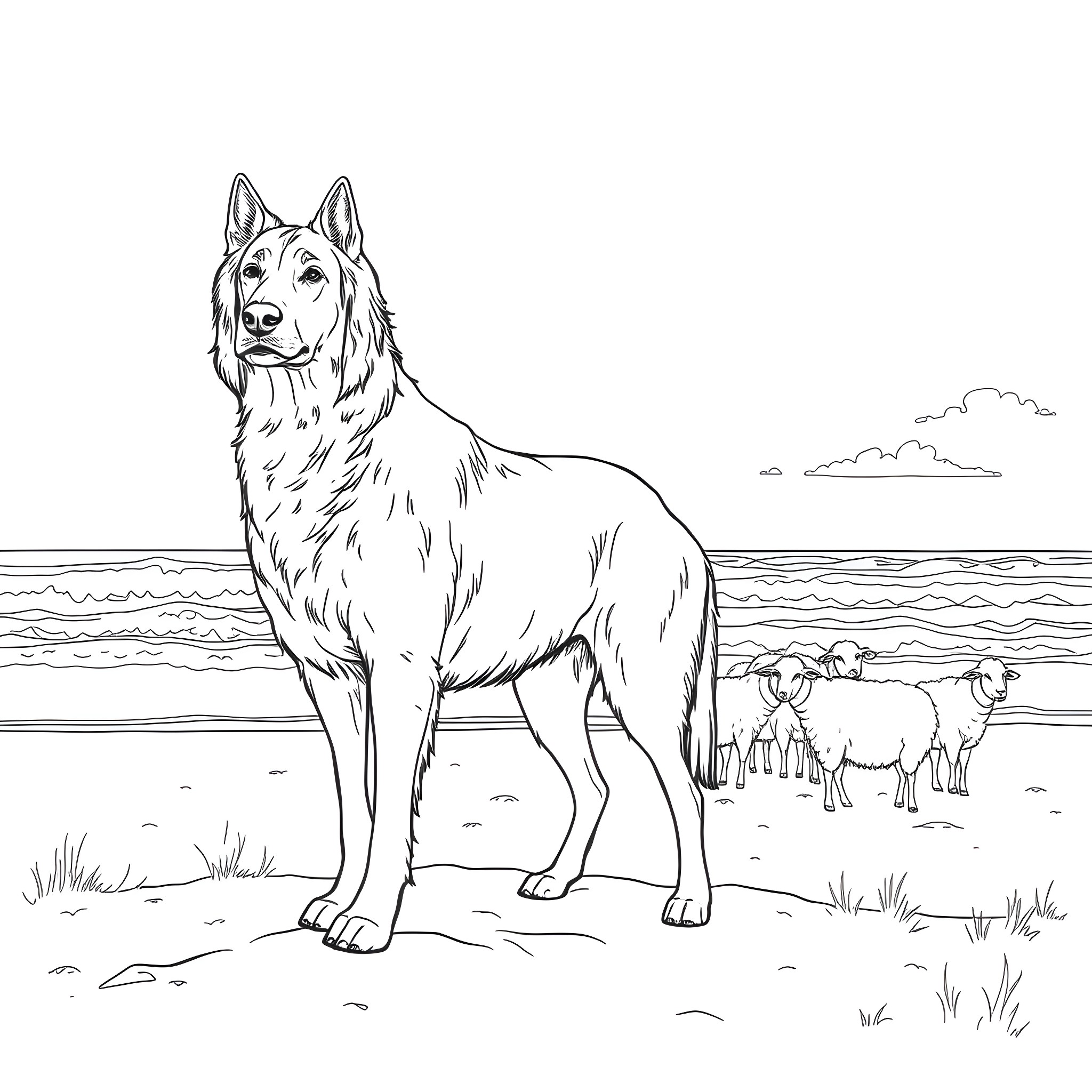 Shepherd dog guarding flock of sheep on beach Coloring Page (free black-and-white line drawing printable PDF for all, from beginners to advanced learners, including children, teens, adults, and seniors)