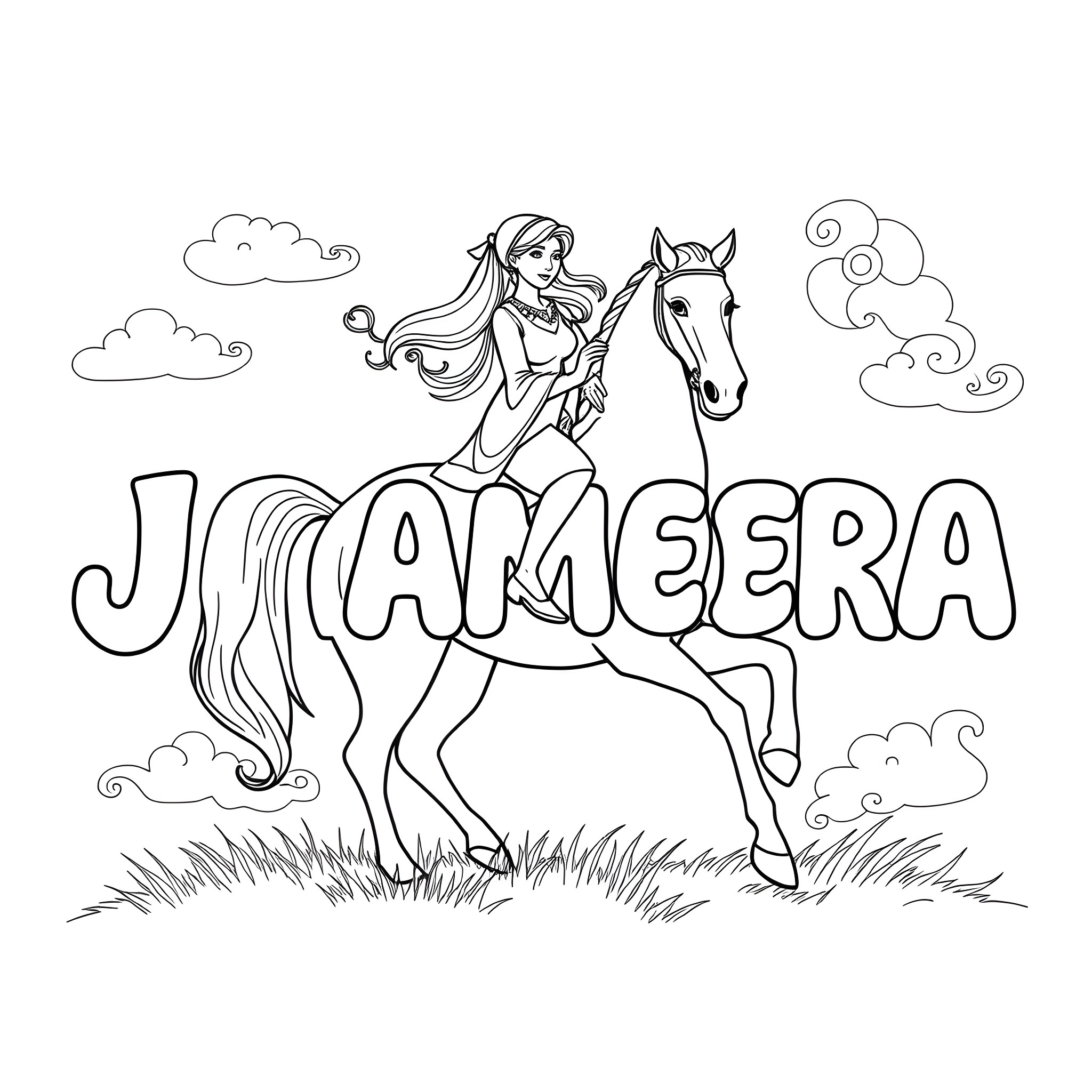 Jha'Meera riding a horse through the meadow Coloring Page (free black-and-white line drawing printable PDF for all, from beginners to advanced learners, including children, teens, adults, and seniors)