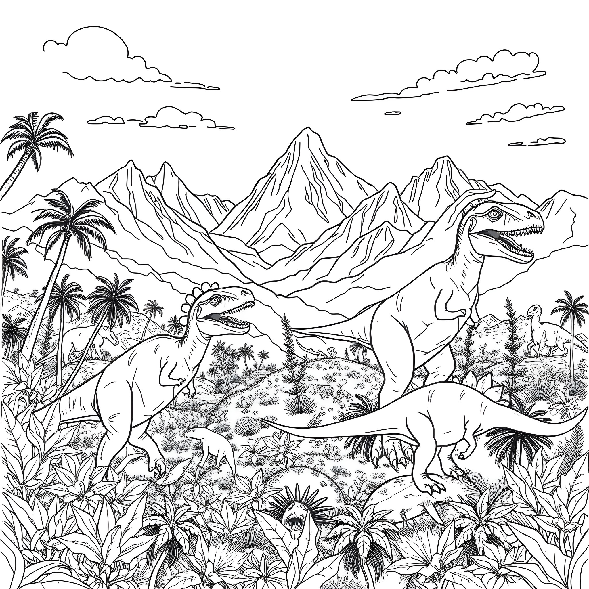 Dinosaurs roaming in the prehistoric landscape Coloring Page (free black-and-white line drawing printable PDF for all, from beginners to advanced learners, including children, teens, adults, and seniors)