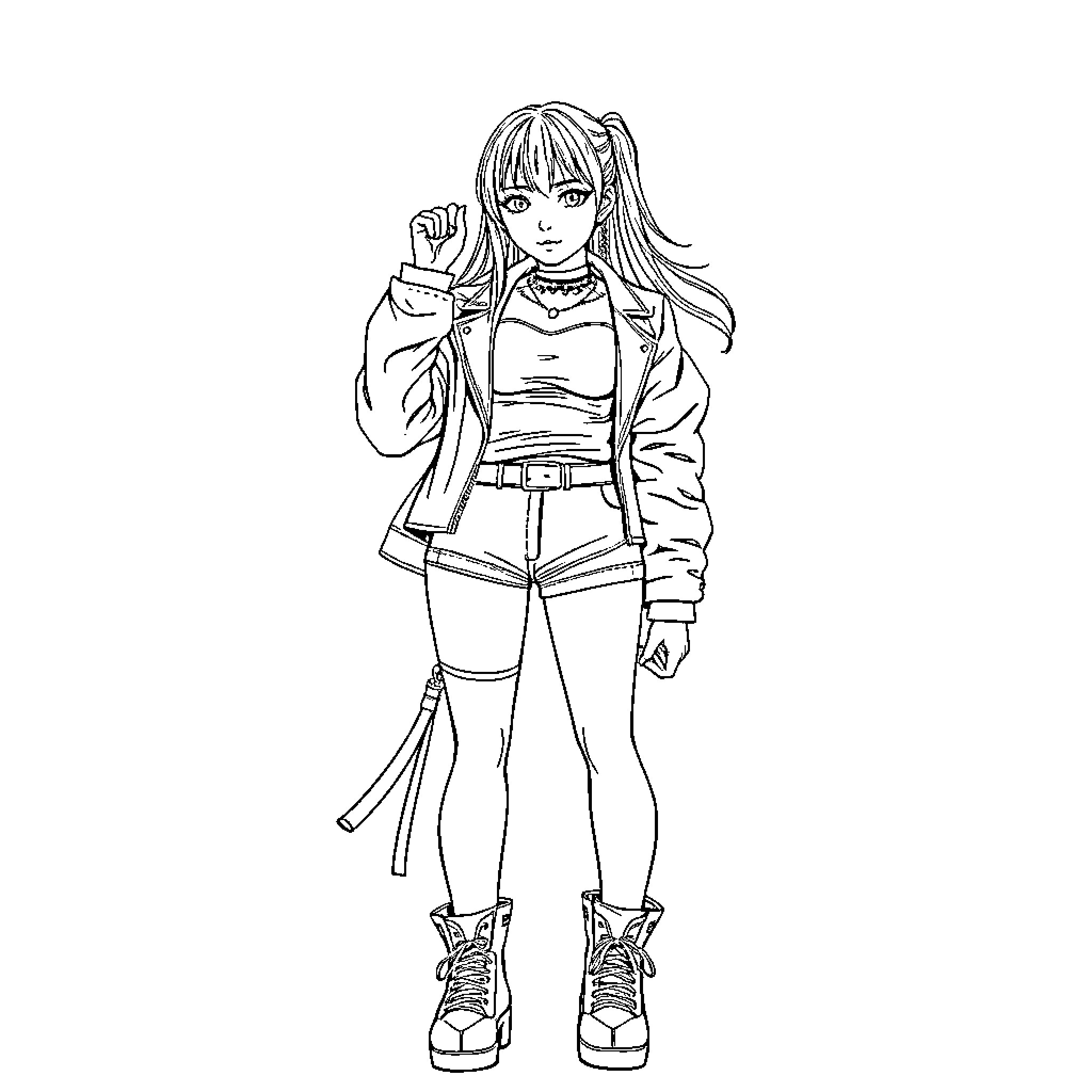 Rumi's Confident Pose in Casual Outfit Coloring Page (free black-and-white line drawing printable PDF for all, from beginners to advanced learners, including children, teens, adults, and seniors)