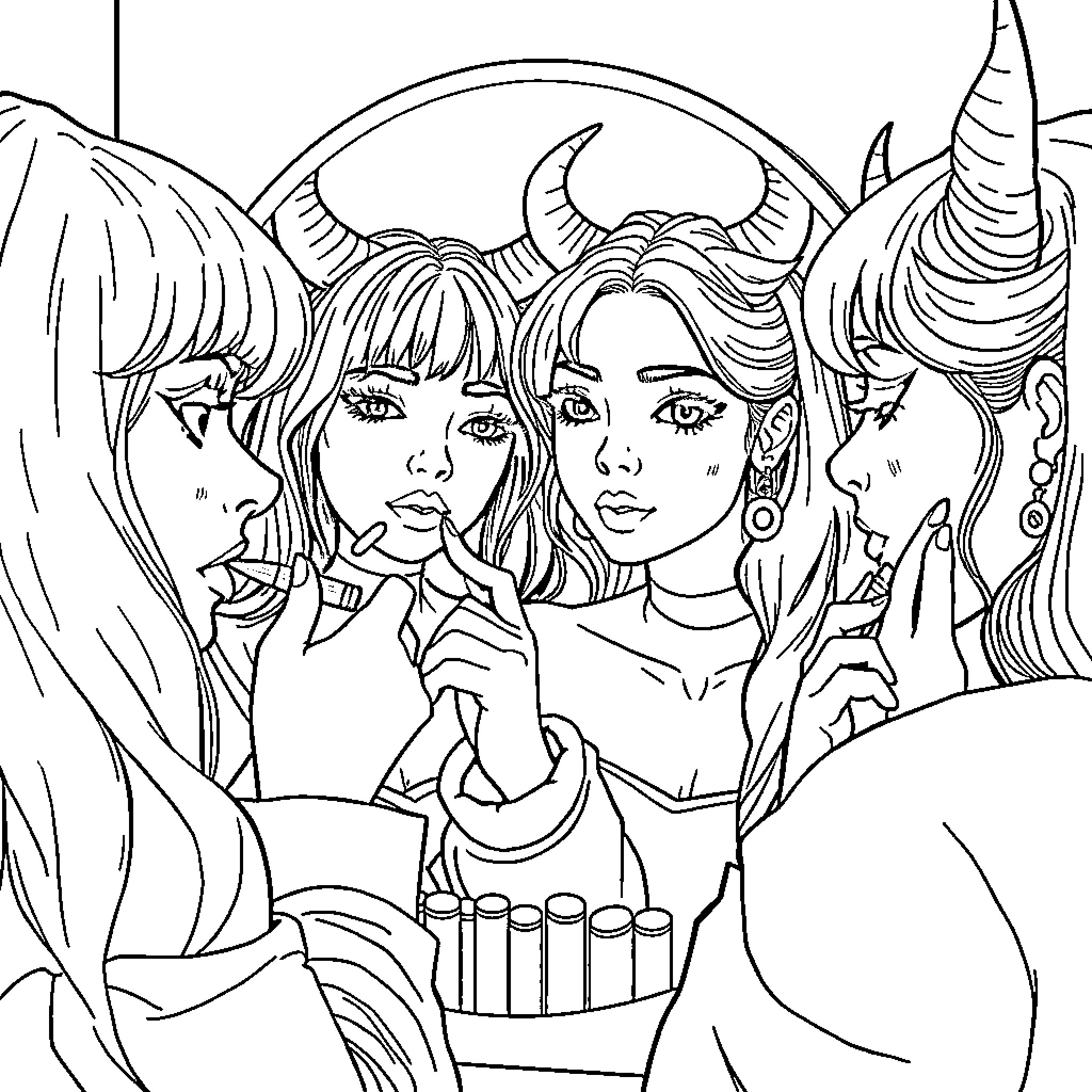 Demon Hunters in Fierce Battle Gear Coloring Page (free black-and-white line drawing printable PDF for all, from beginners to advanced learners, including children, teens, adults, and seniors)