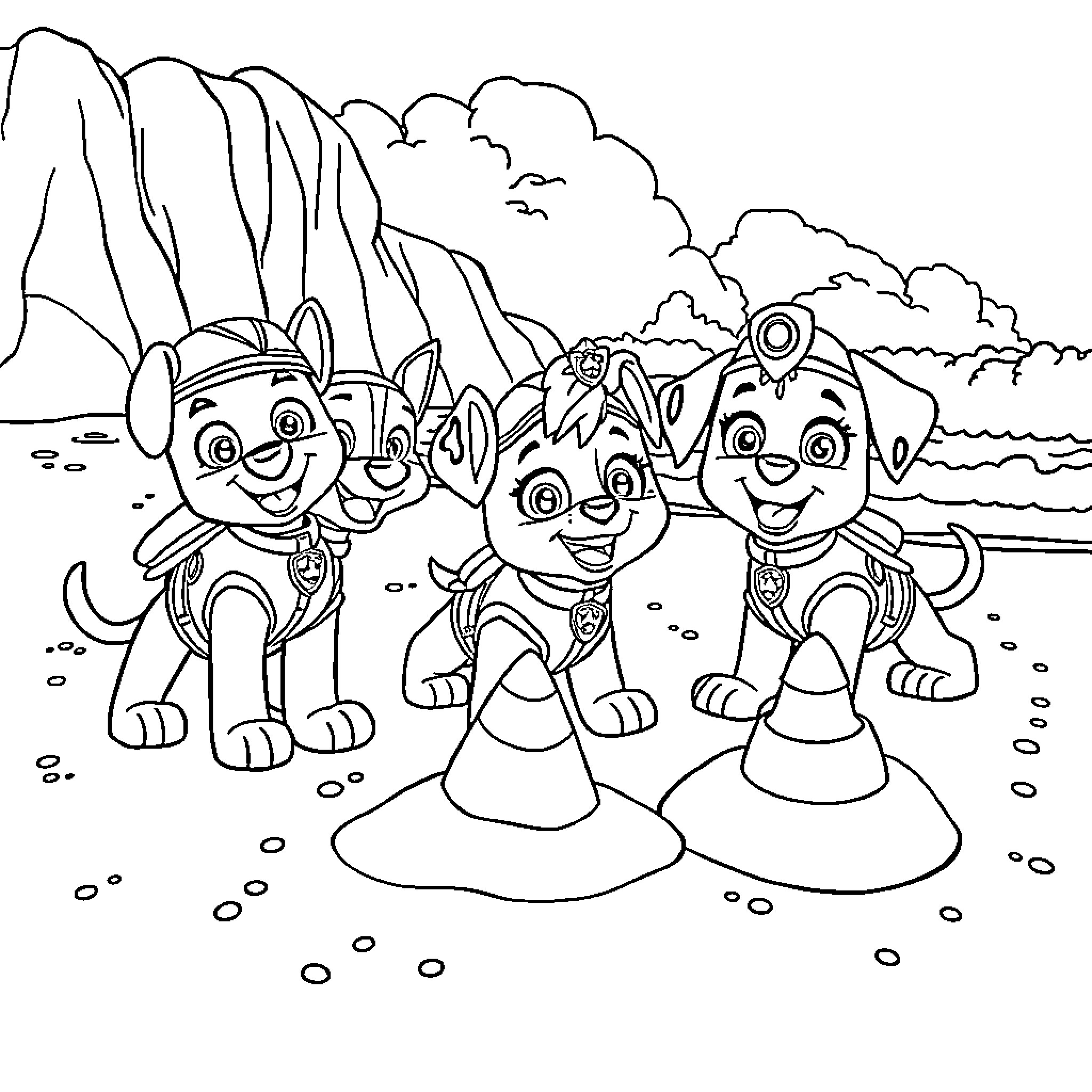 Paw Patrol Characters on the Beach Coloring Page (free black-and-white line drawing printable PDF for all, from beginners to advanced learners, including children, teens, adults, and seniors)