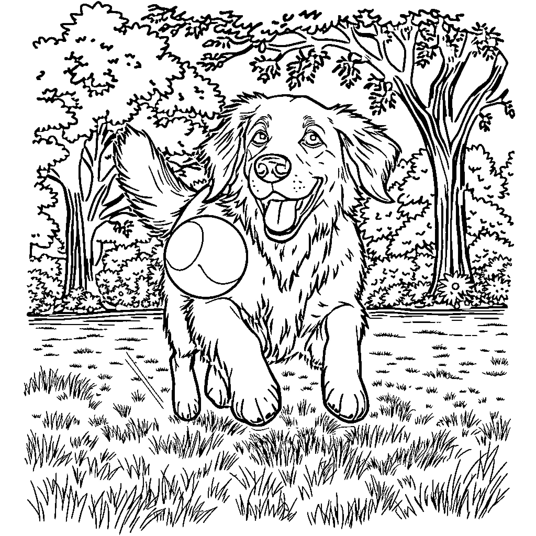 Golden Retriever frolicking in a lush outdoor setting Coloring Page (free black-and-white line drawing printable PDF for all, from beginners to advanced learners, including children, teens, adults, and seniors)