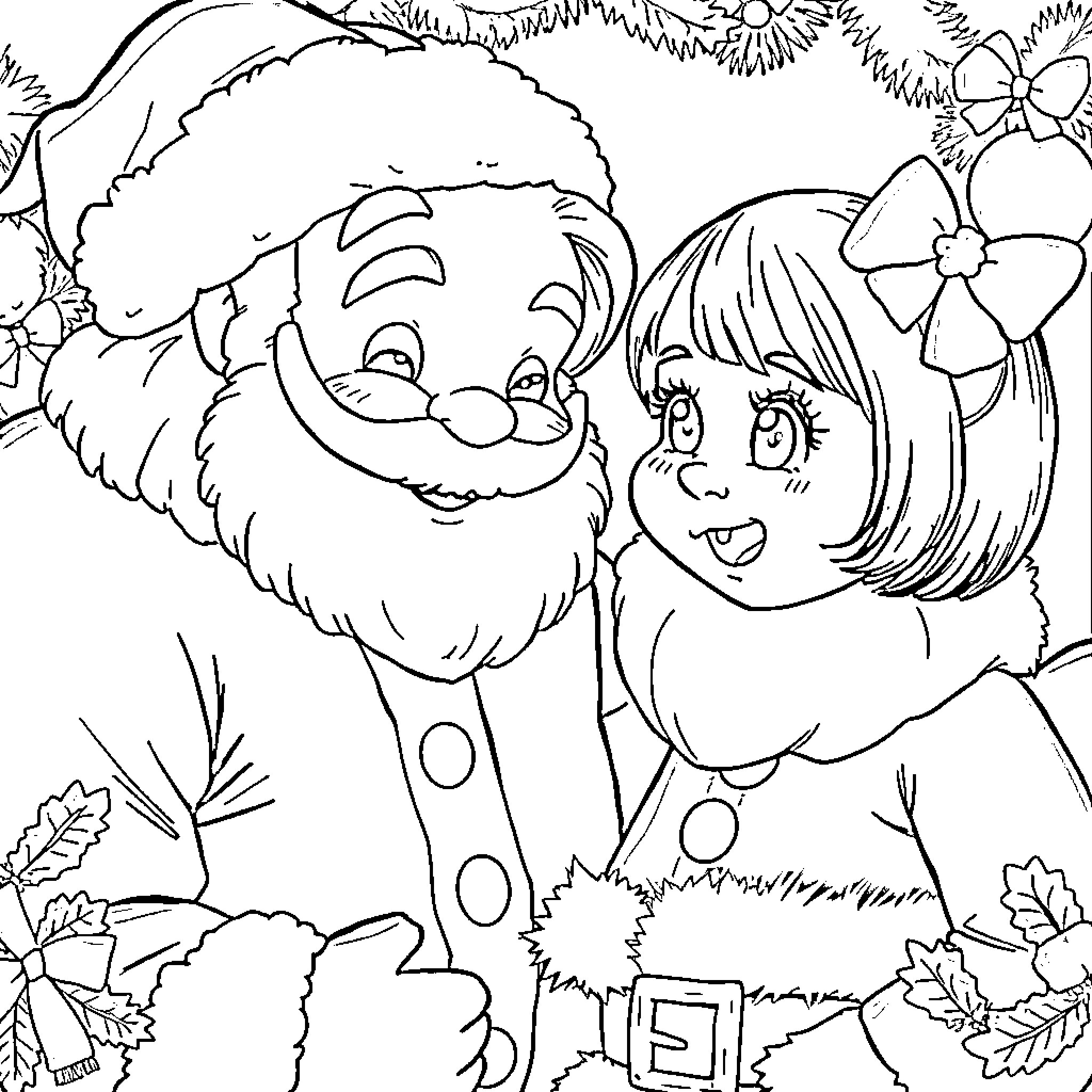 Girl Smiling with Santa Claus in Winter Wonderland Coloring Page (free black-and-white line drawing printable PDF for all, from beginners to advanced learners, including children, teens, adults, and seniors)