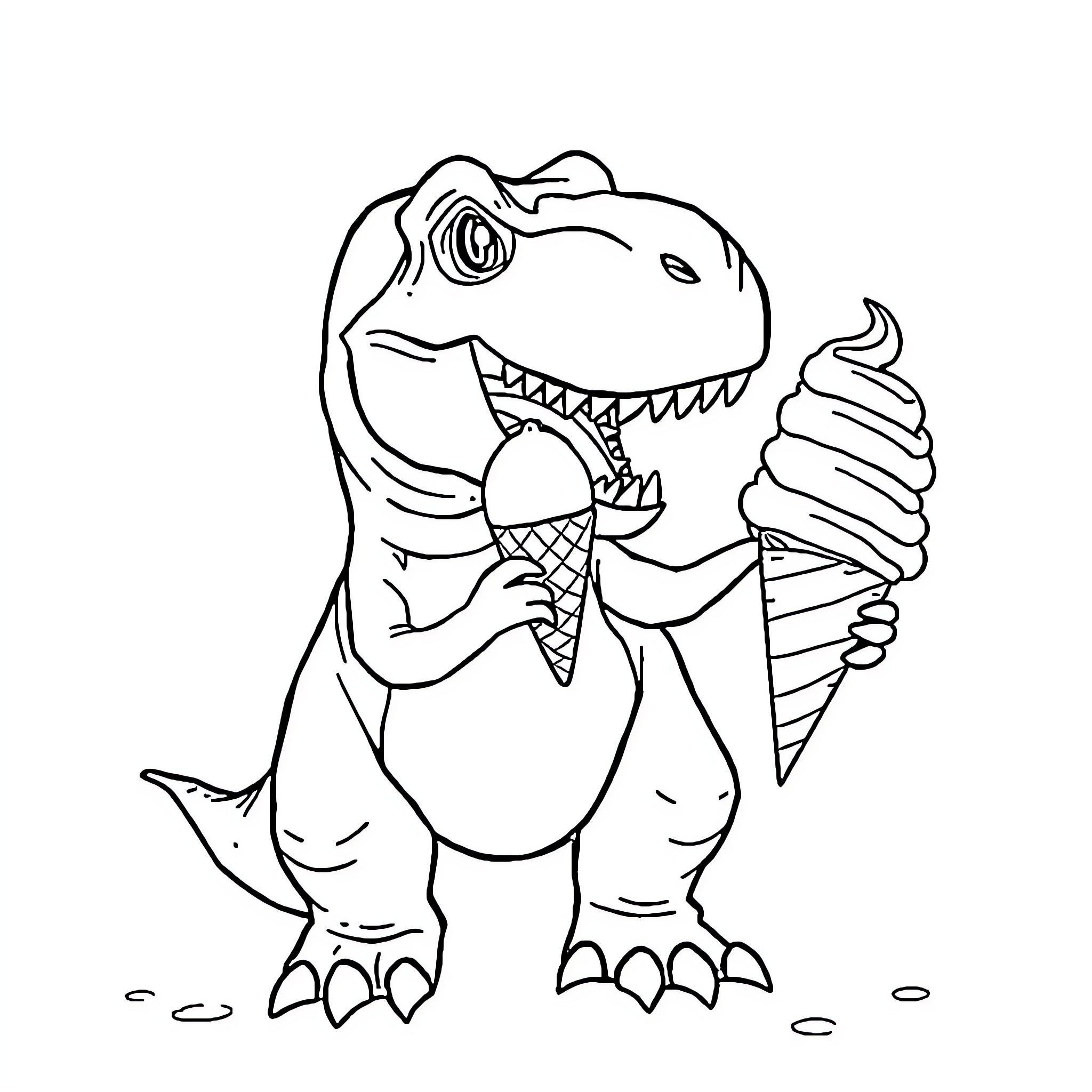 T-Rex enjoying an ice cream cone Coloring Page (free black-and-white line drawing printable PDF for all, from beginners to advanced learners, including children, teens, adults, and seniors)