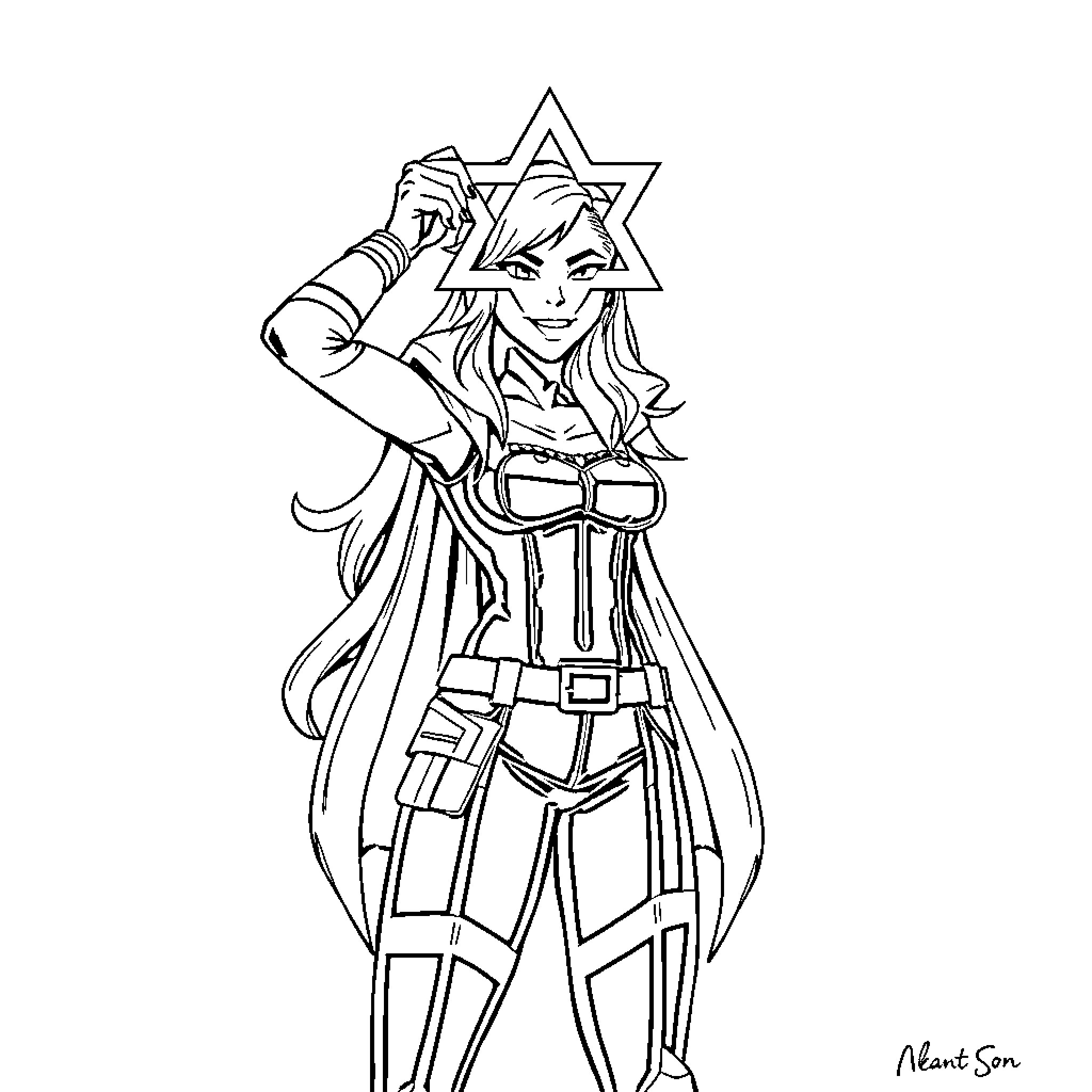 Nova Warrior Woman in Action Pose Coloring Page (free black-and-white line drawing printable PDF for all, from beginners to advanced learners, including children, teens, adults, and seniors)