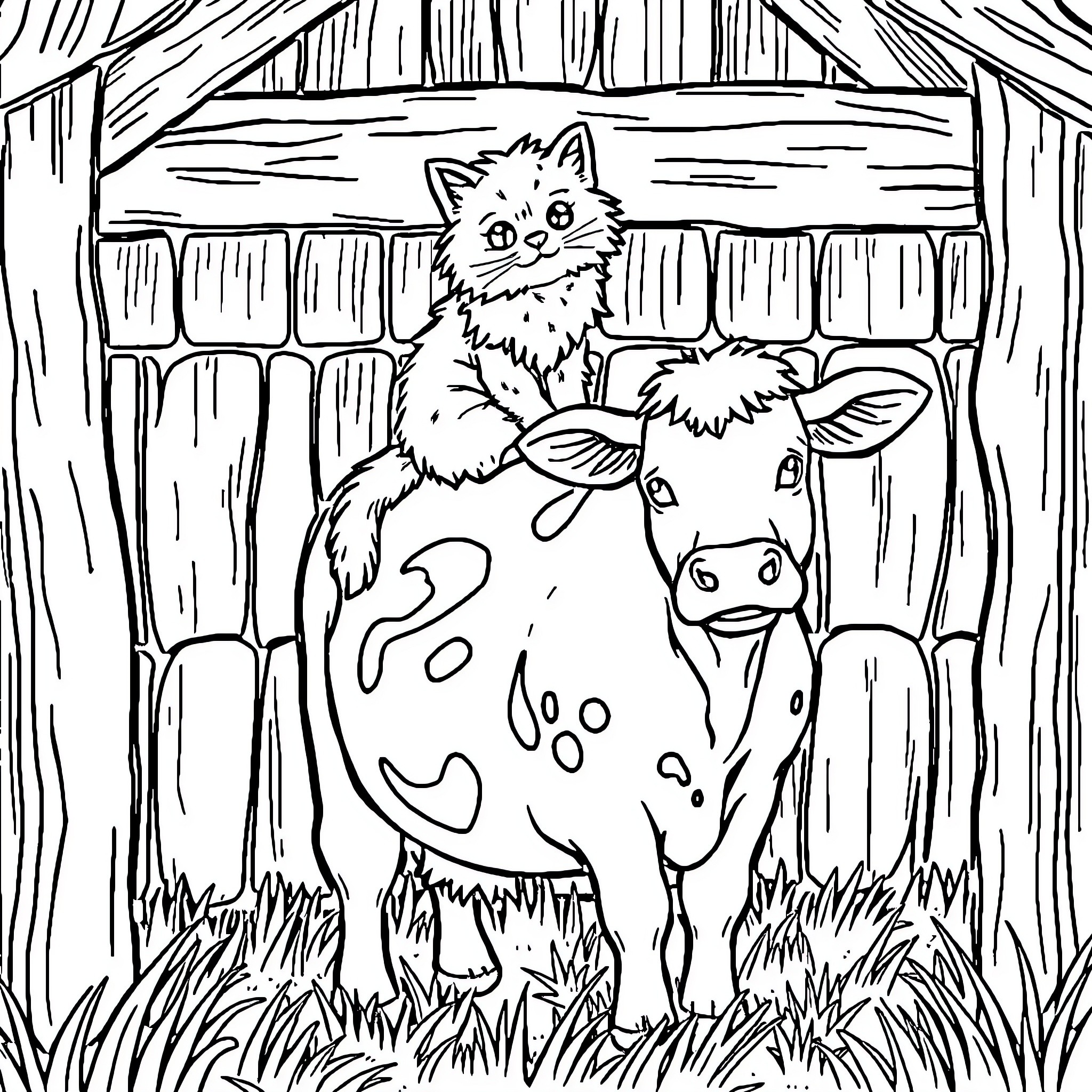 Cat snuggling with a spotted cow in a barn Coloring Page (free black-and-white line drawing printable PDF for all, from beginners to advanced learners, including children, teens, adults, and seniors)