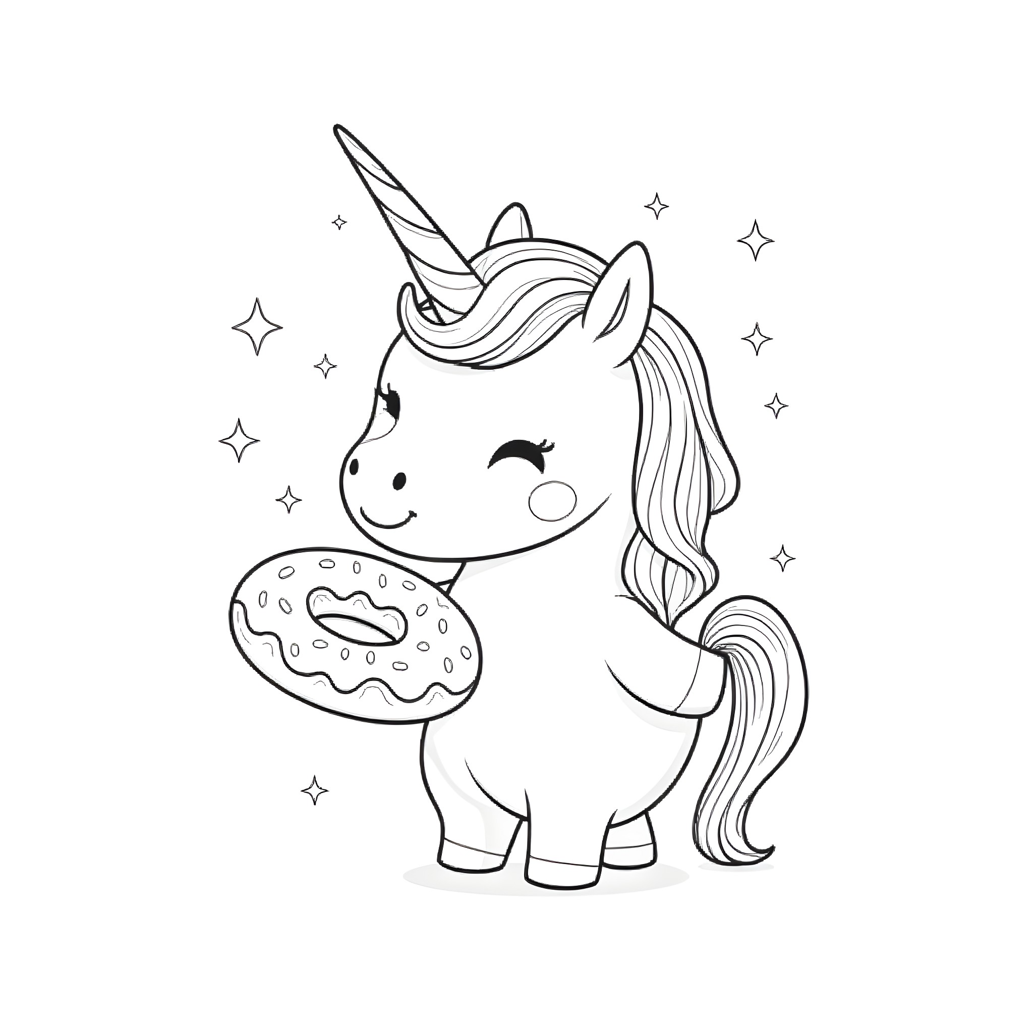 Unicorn enjoying a sweet donut under the stars Coloring Page (free black-and-white line drawing printable PDF for all, from beginners to advanced learners, including children, teens, adults, and seniors)