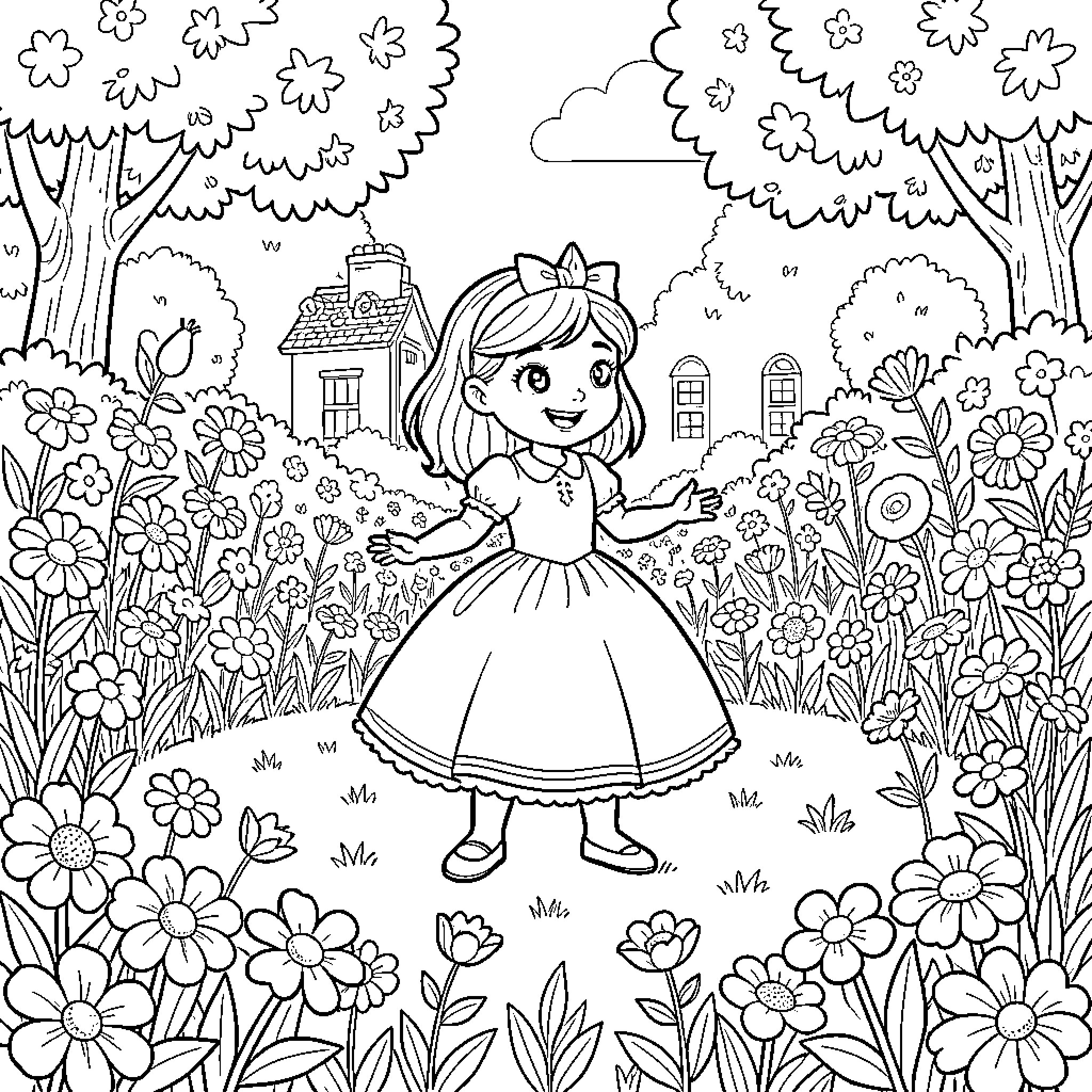 Sofia standing joyfully in a beautiful flower garden Coloring Page (free black-and-white line drawing printable PDF for all, from beginners to advanced learners, including children, teens, adults, and seniors)