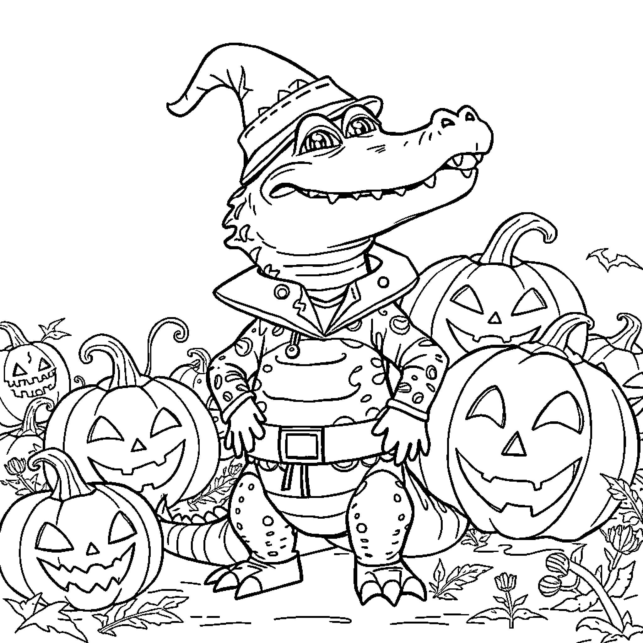 Alligator wearing a witch costume among Halloween pumpkins Coloring Page (free black-and-white line drawing printable PDF for all, from beginners to advanced learners, including children, teens, adults, and seniors)