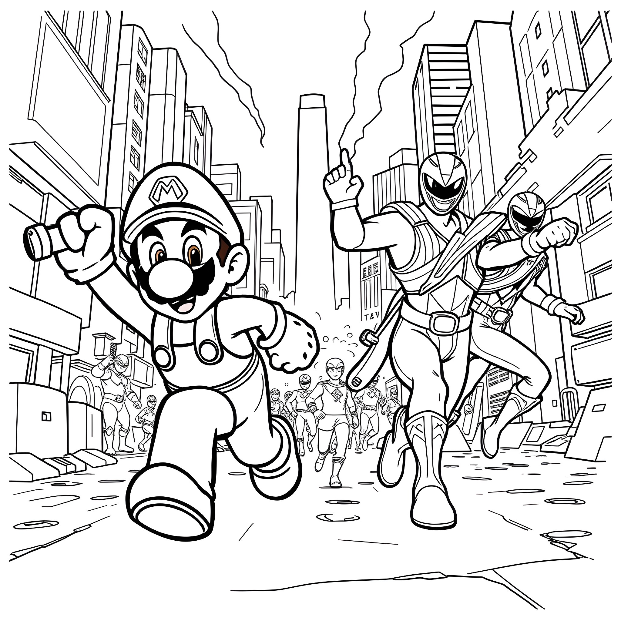 Mario and Superheroes Saving the City Coloring Page (free black-and-white line drawing printable PDF for all, from beginners to advanced learners, including children, teens, adults, and seniors)