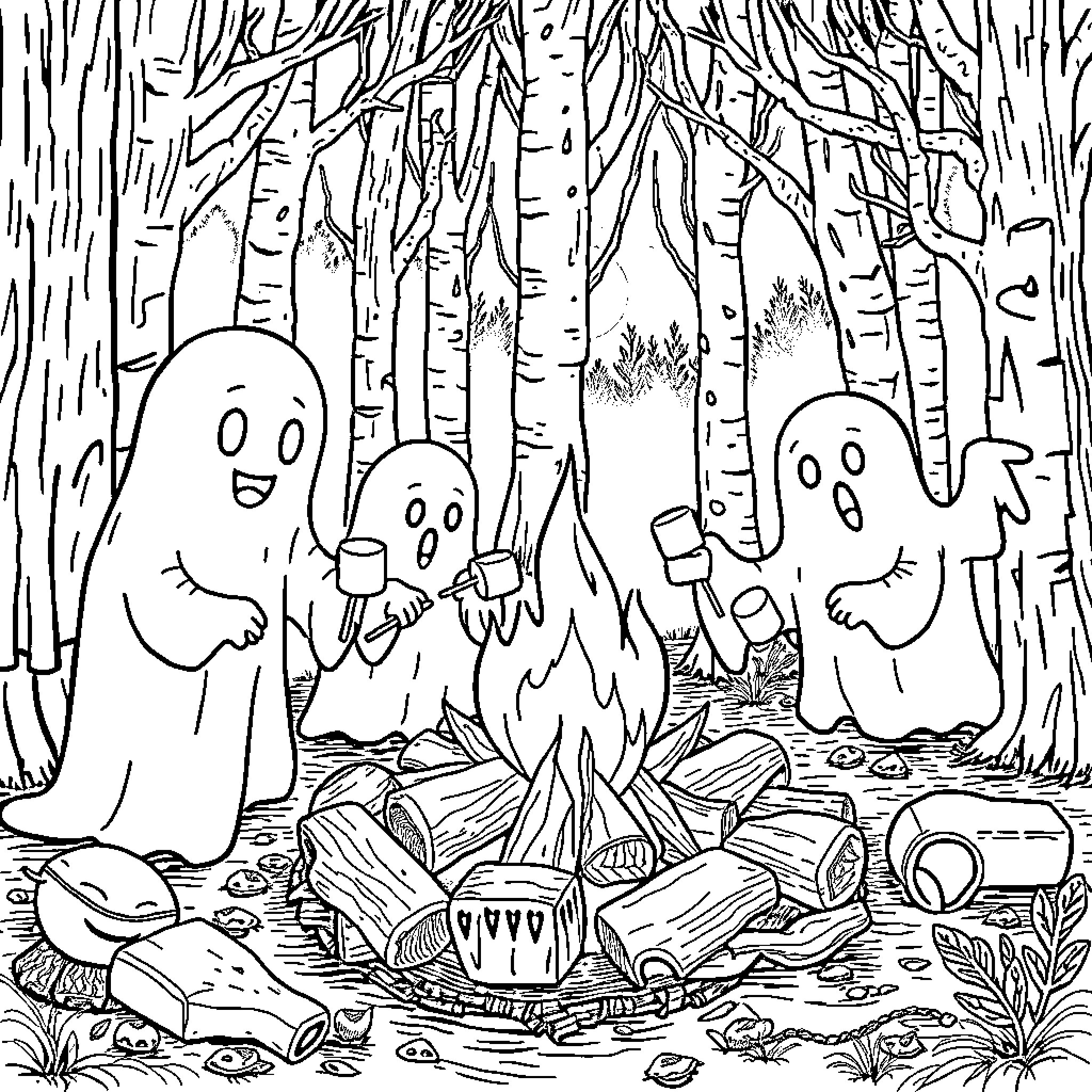 Ghost friends gather around the campfire in the woods Coloring Page (free black-and-white line drawing printable PDF for all, from beginners to advanced learners, including children, teens, adults, and seniors)
