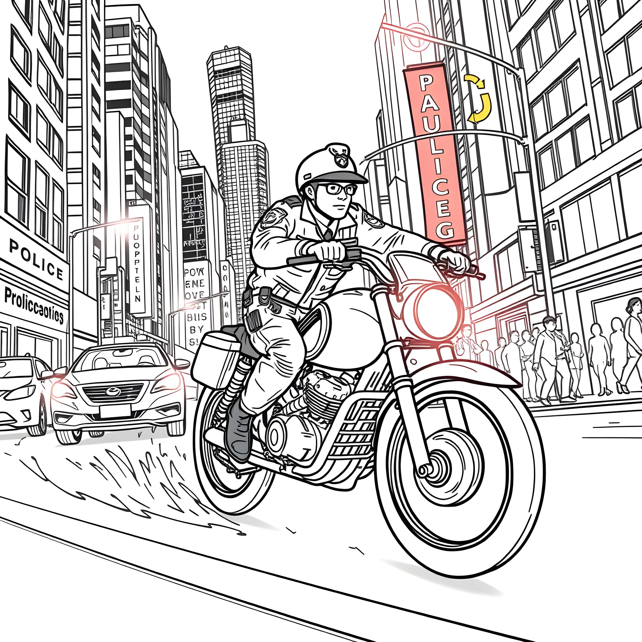 Police Officer Patrolling City Streets on Motorcycle Coloring Page (free black-and-white line drawing printable PDF for all, from beginners to advanced learners, including children, teens, adults, and seniors)