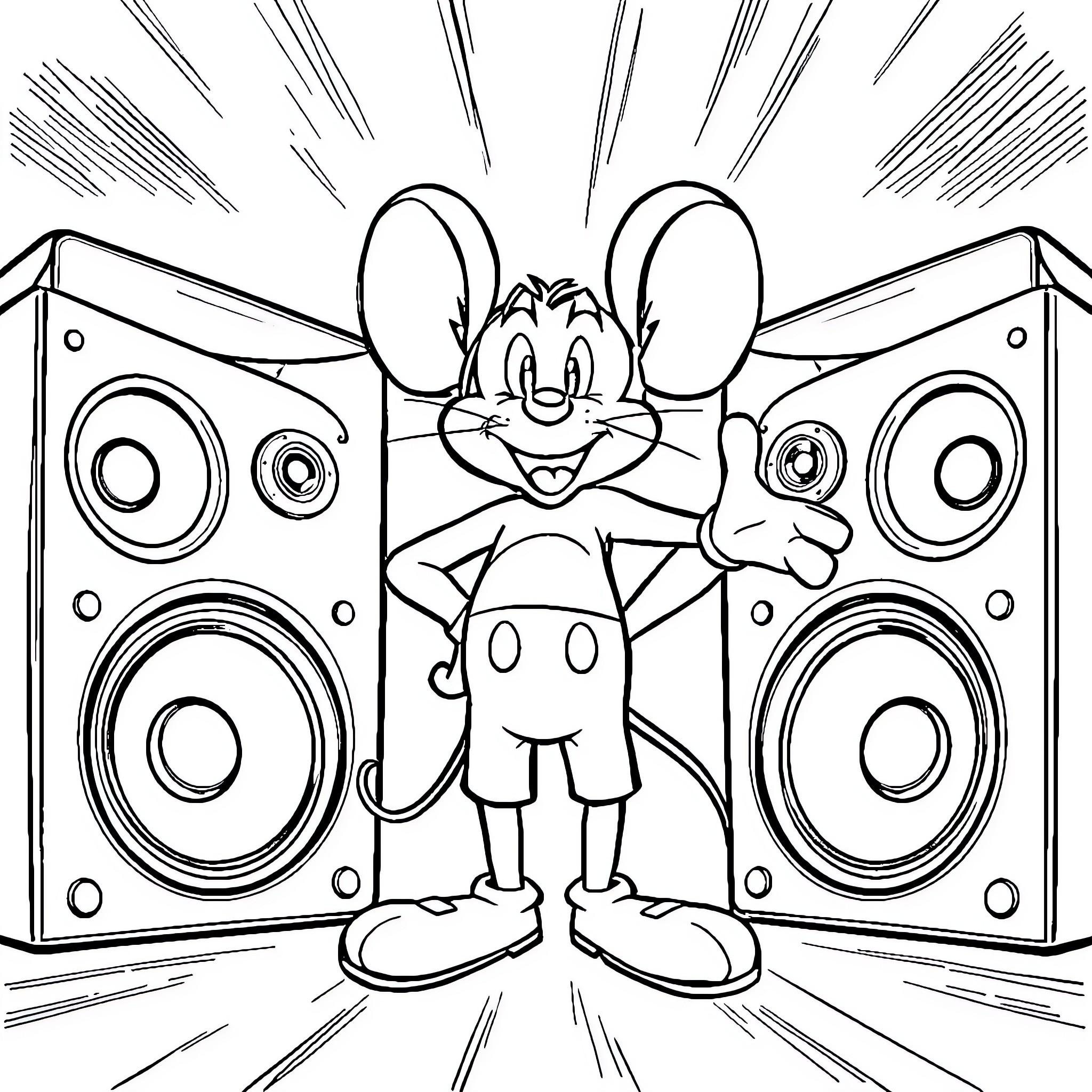 Mouse rocking out with giant speakers Coloring Page (free black-and-white line drawing printable PDF for all, from beginners to advanced learners, including children, teens, adults, and seniors)