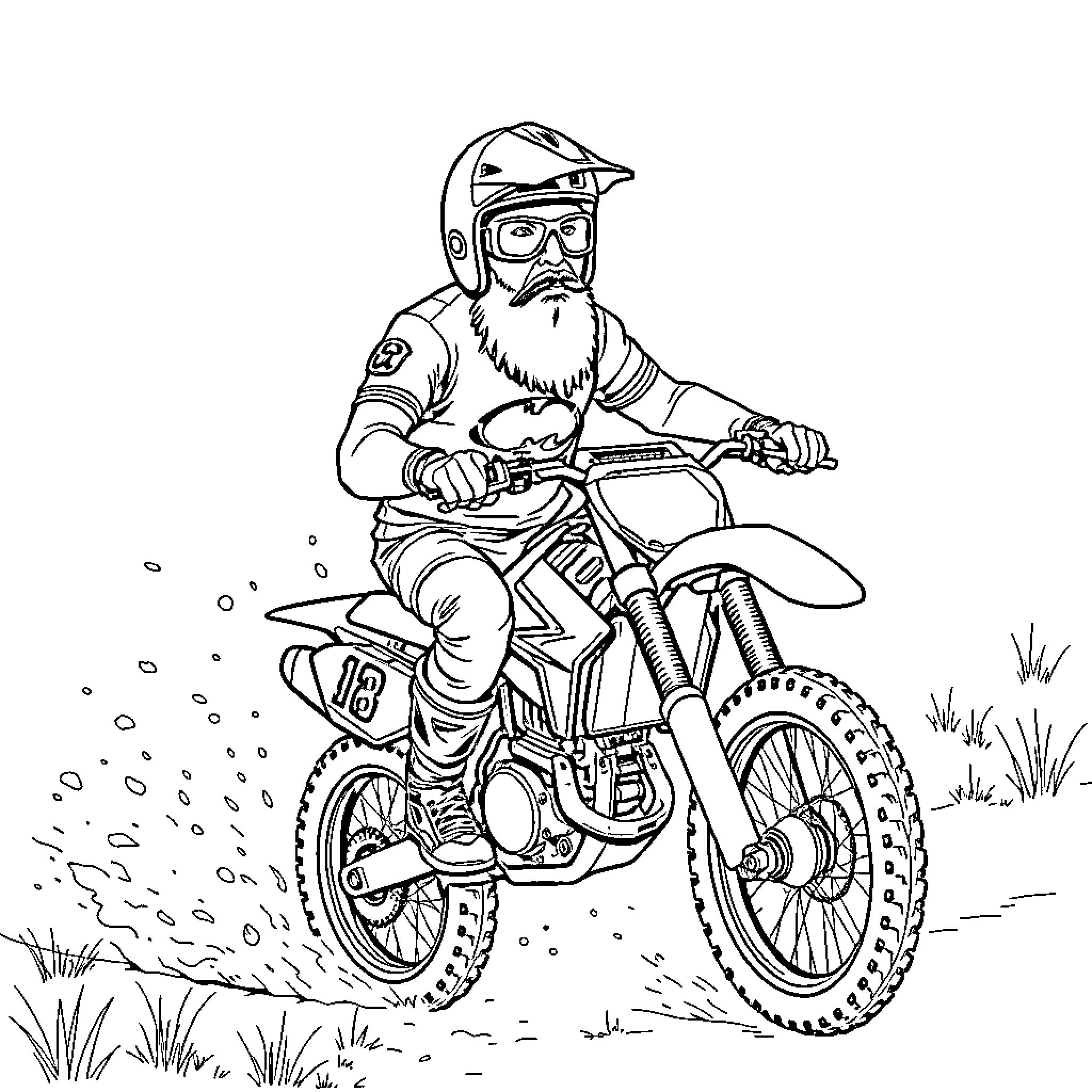 Fred Durst riding a dirt bike in the mud Coloring Page (free black-and-white line drawing printable PDF for all, from beginners to advanced learners, including children, teens, adults, and seniors)