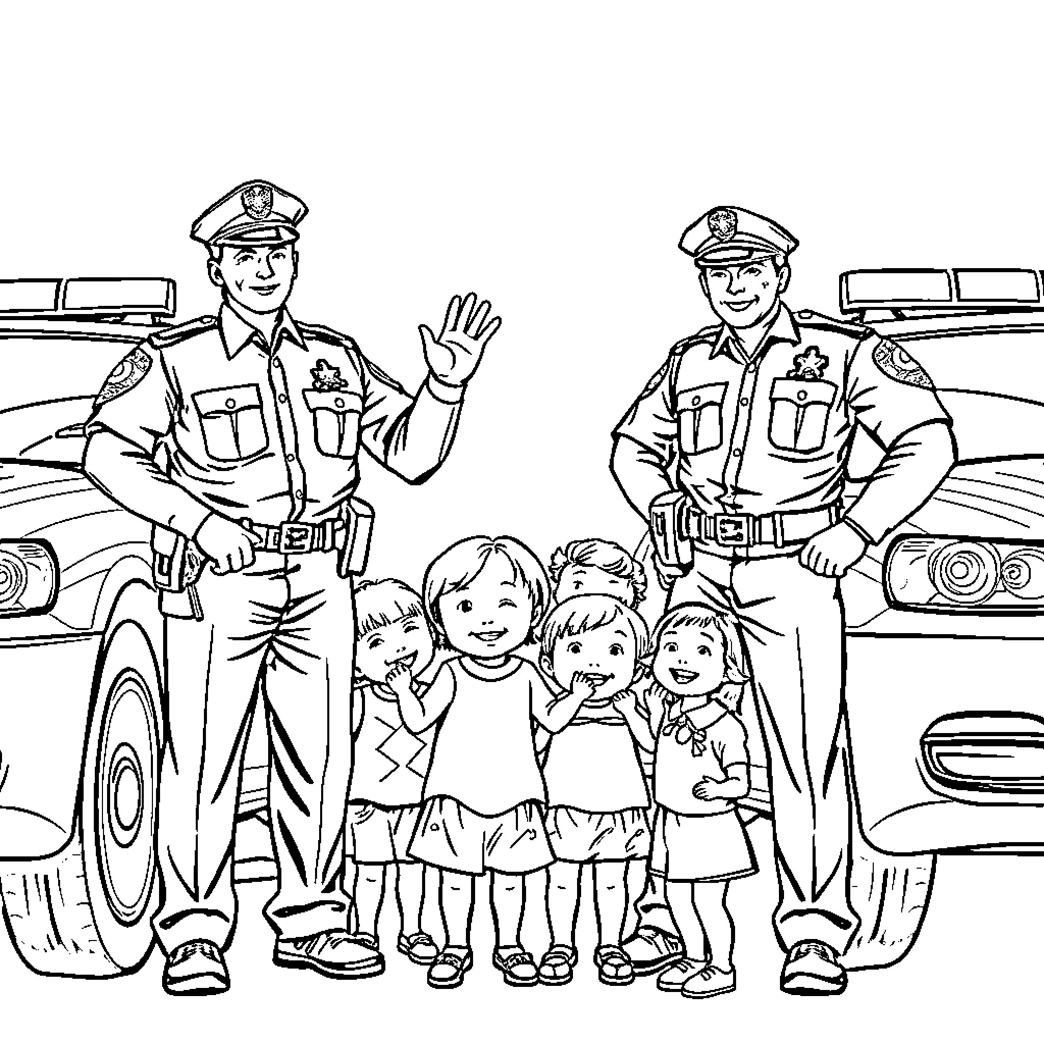 Police Officers Interacting with Children in Front of Police Car Coloring Page (free black-and-white line drawing printable PDF for all, from beginners to advanced learners, including children, teens, adults, and seniors)