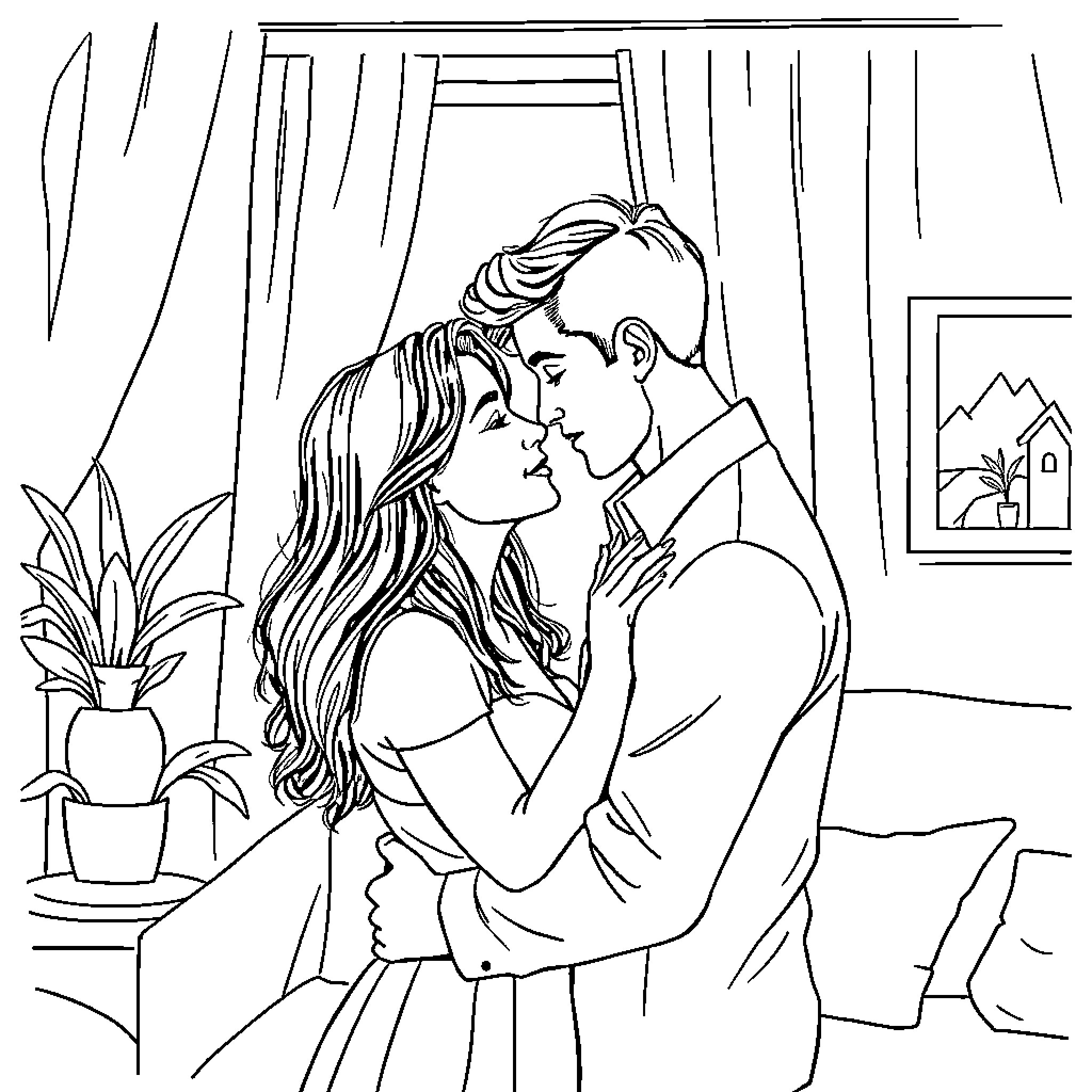 Couple embracing affectionately in domestic setting Coloring Page (free black-and-white line drawing printable PDF for all, from beginners to advanced learners, including children, teens, adults, and seniors)