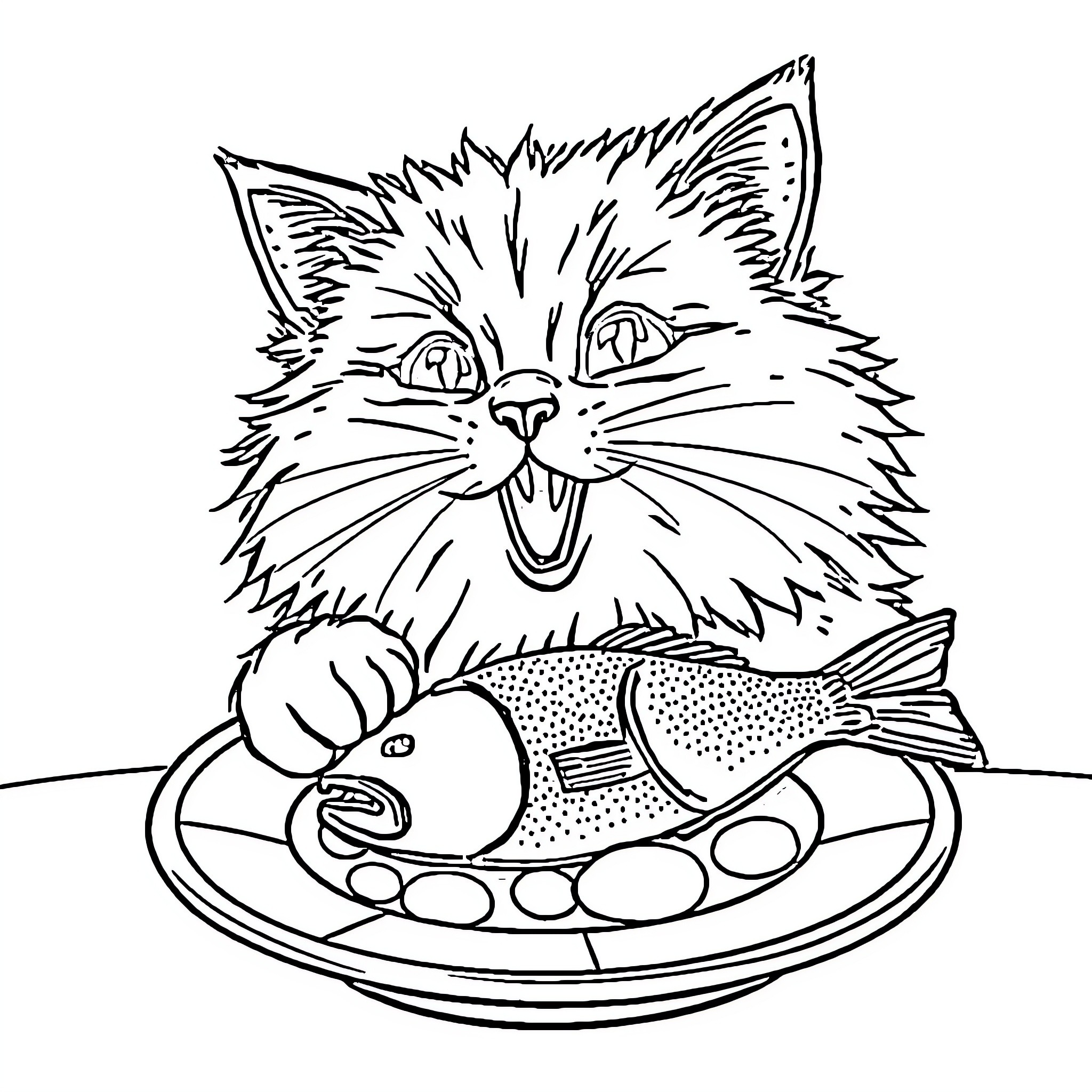 Cat with a tasty fish on a plate Coloring Page (free black-and-white line drawing printable PDF for all, from beginners to advanced learners, including children, teens, adults, and seniors)