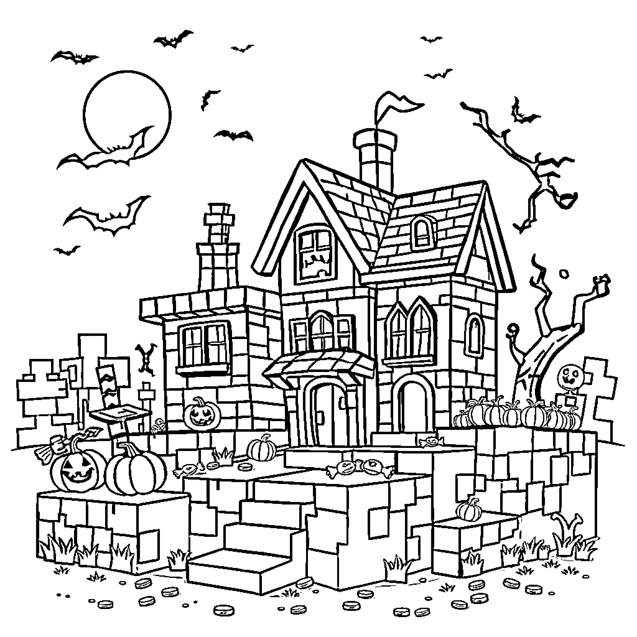 Halloween Minecraft Haunted House and Spooky Scenery Coloring Page (free black-and-white line drawing printable PDF for all, from beginners to advanced learners, including children, teens, adults, and seniors)