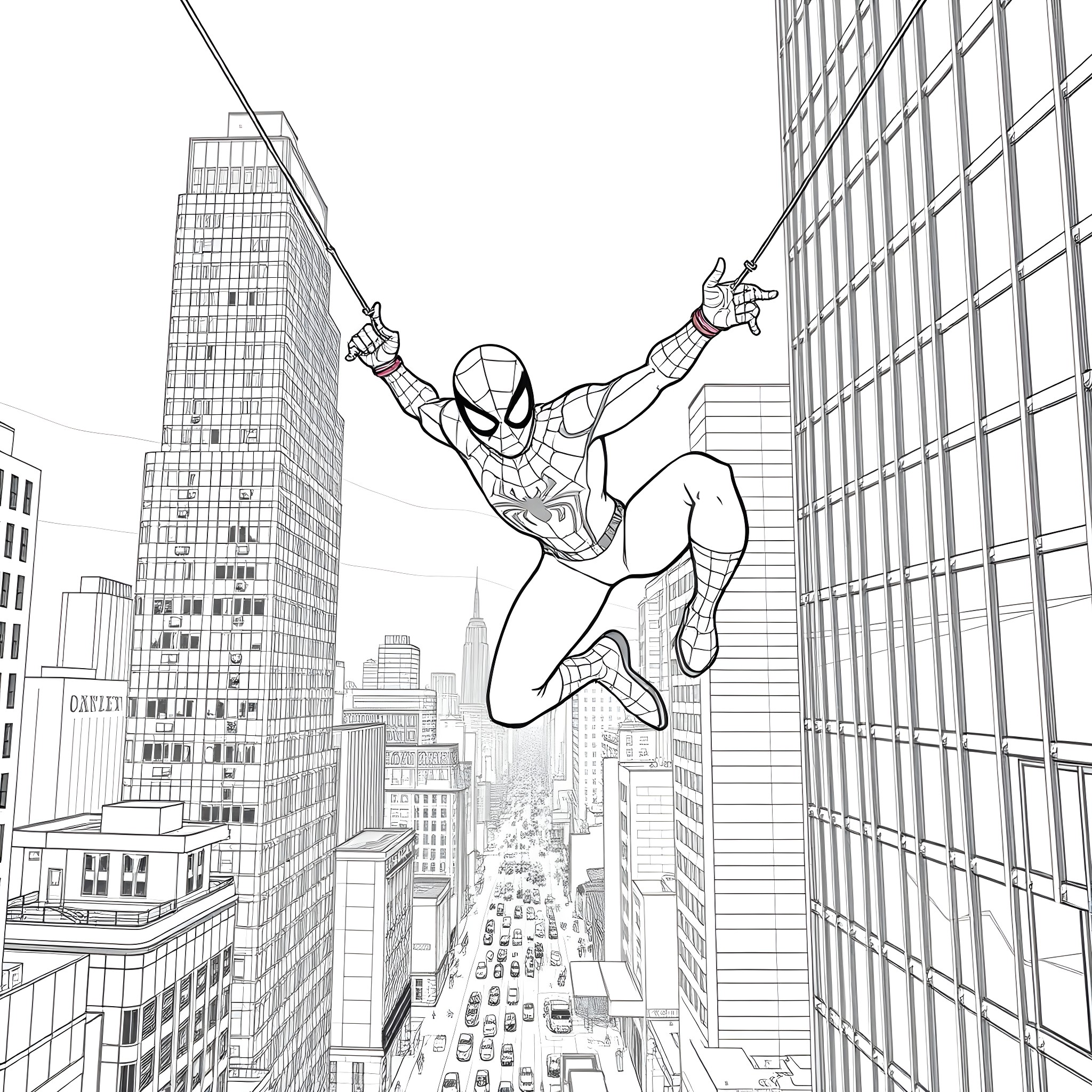 Spiderman swinging heroically through the city skyline Coloring Page (free black-and-white line drawing printable PDF for all, from beginners to advanced learners, including children, teens, adults, and seniors)