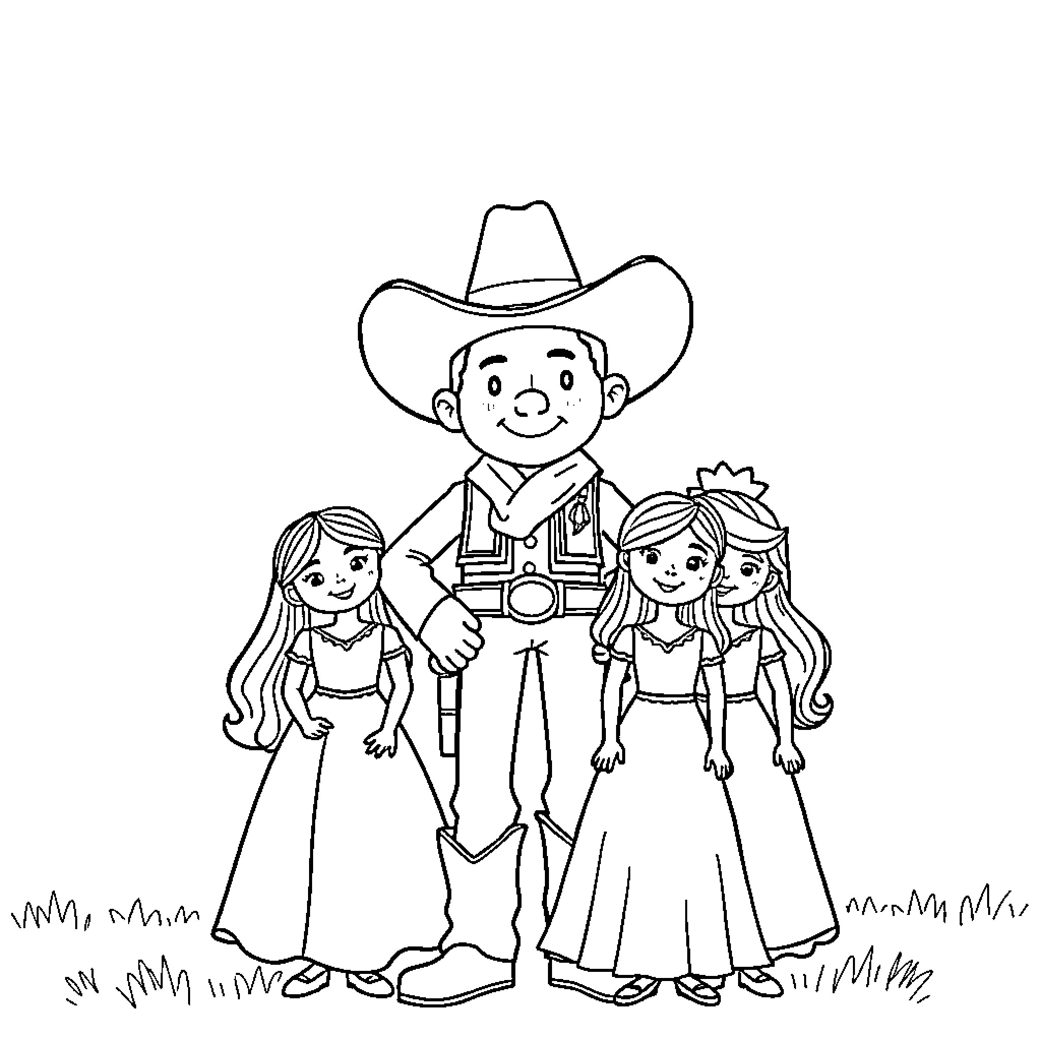 Cowboy with two women in Western attire Coloring Page (free black-and-white line drawing printable PDF for all, from beginners to advanced learners, including children, teens, adults, and seniors)