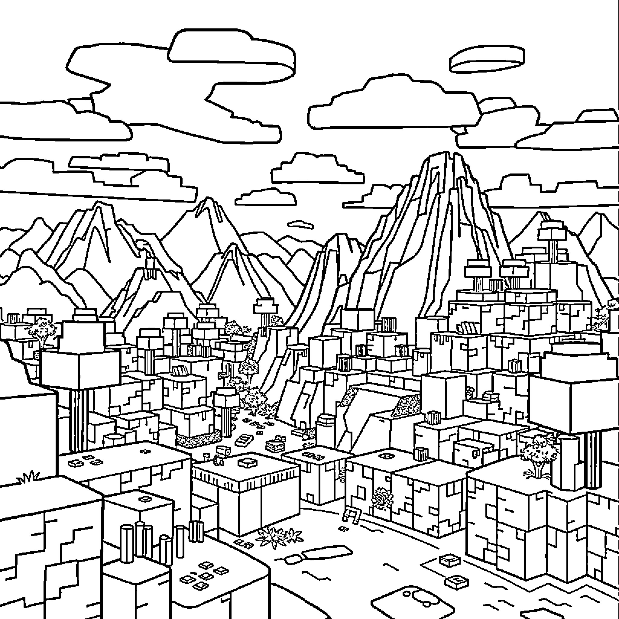 Minecraft Landscape: Towering Mountains, Expansive City Coloring Page (free black-and-white line drawing printable PDF for all, from beginners to advanced learners, including children, teens, adults, and seniors)