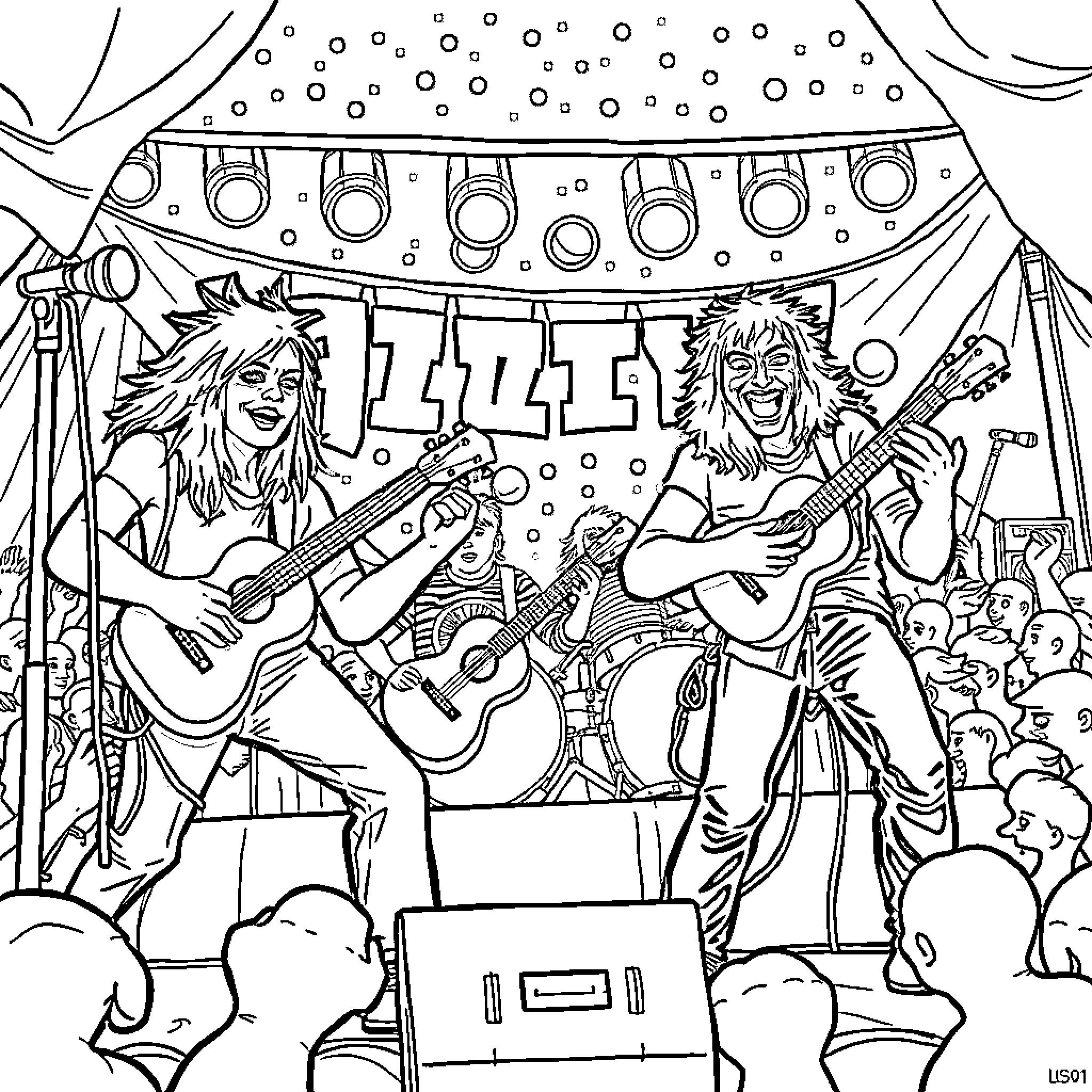 Band members performing on stage with guitars Coloring Page (free black-and-white line drawing printable PDF for all, from beginners to advanced learners, including children, teens, adults, and seniors)
