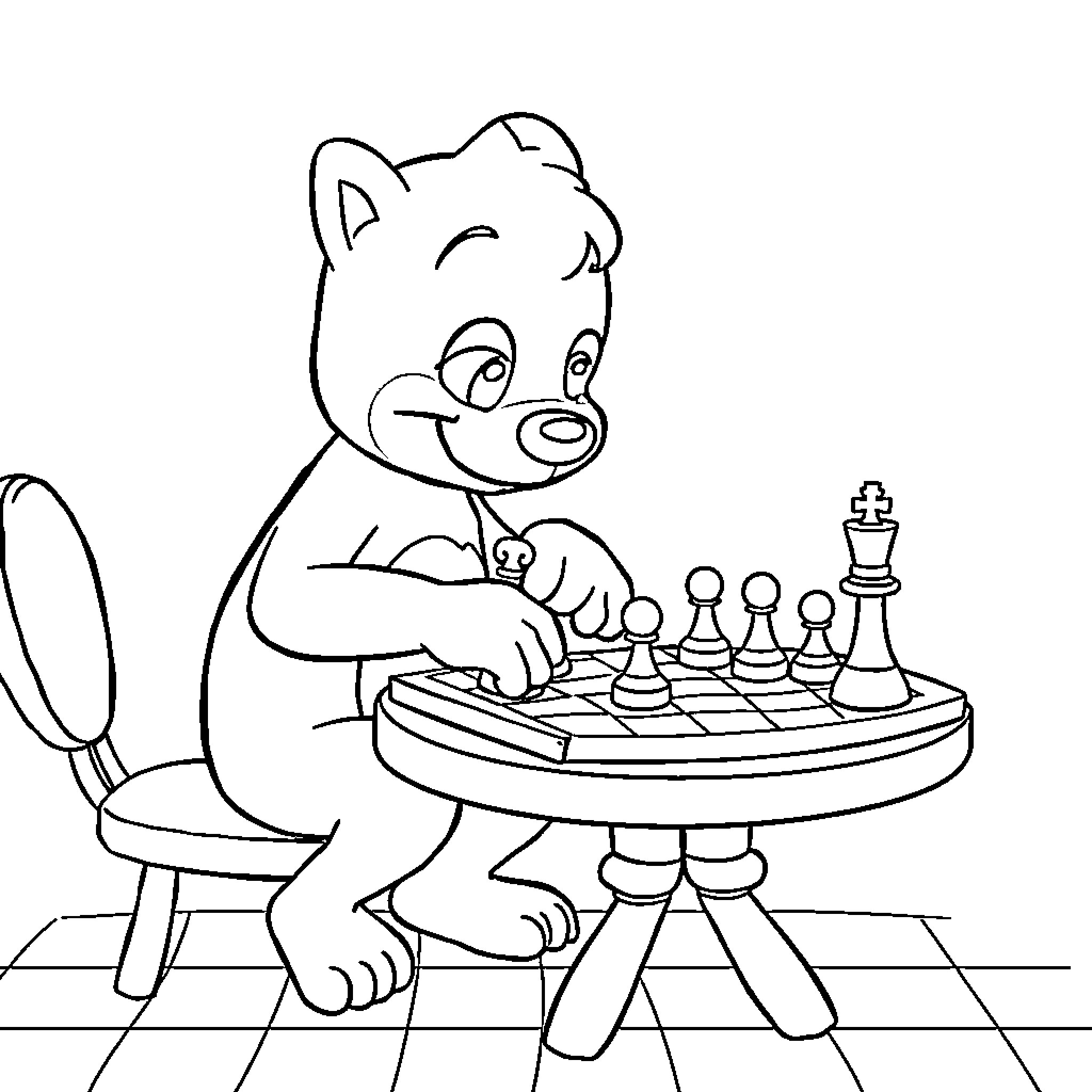 Bluey playing chess with a friend Coloring Page (free black-and-white line drawing printable PDF for all, from beginners to advanced learners, including children, teens, adults, and seniors)