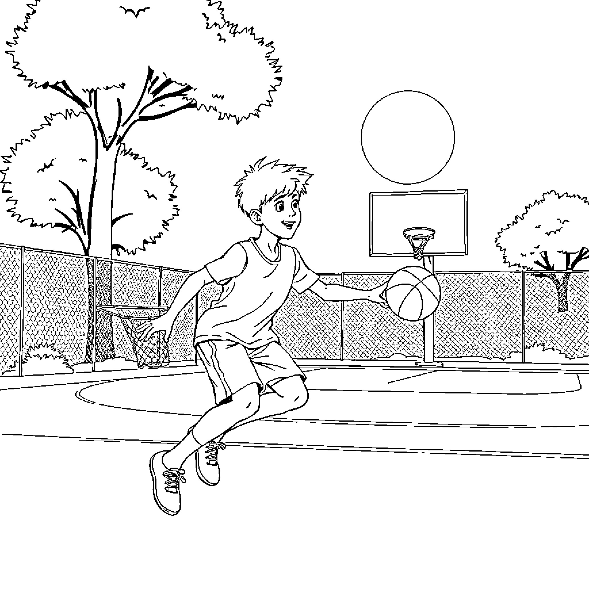 Boy playing basketball on the court Coloring Page (free black-and-white line drawing printable PDF for all, from beginners to advanced learners, including children, teens, adults, and seniors)