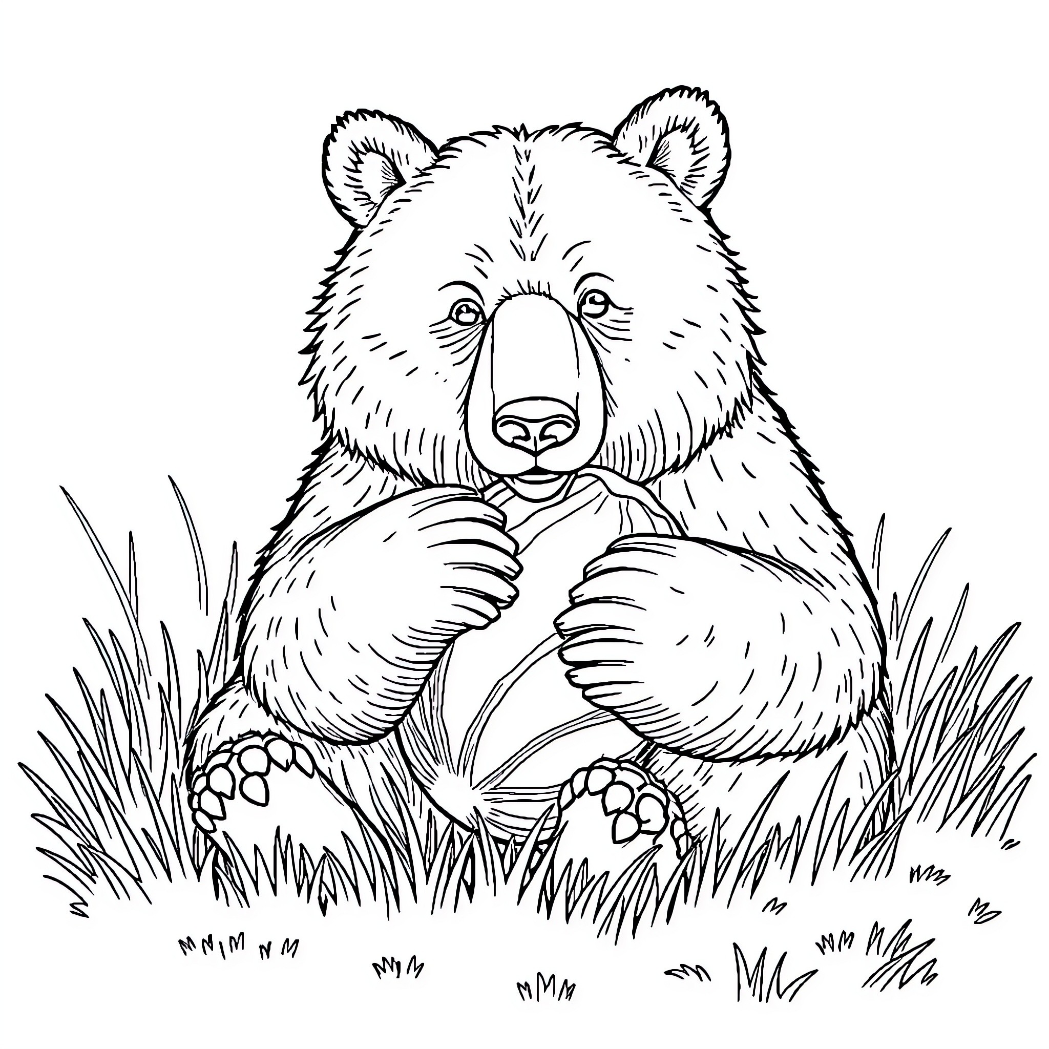 Bear enjoying a snack in the grass Coloring Page (free black-and-white line drawing printable PDF for all, from beginners to advanced learners, including children, teens, adults, and seniors)