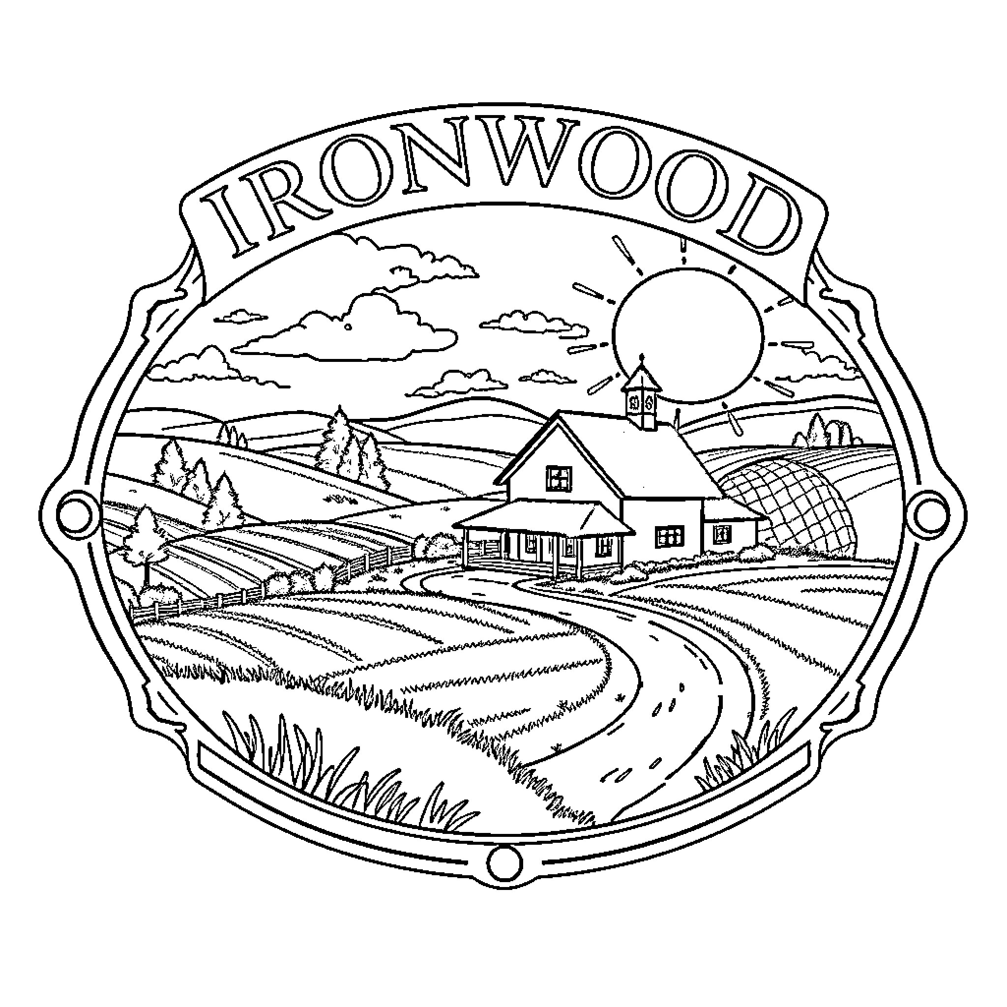 House with scenic rural landscape Coloring Page (free black-and-white line drawing printable PDF for all, from beginners to advanced learners, including children, teens, adults, and seniors)