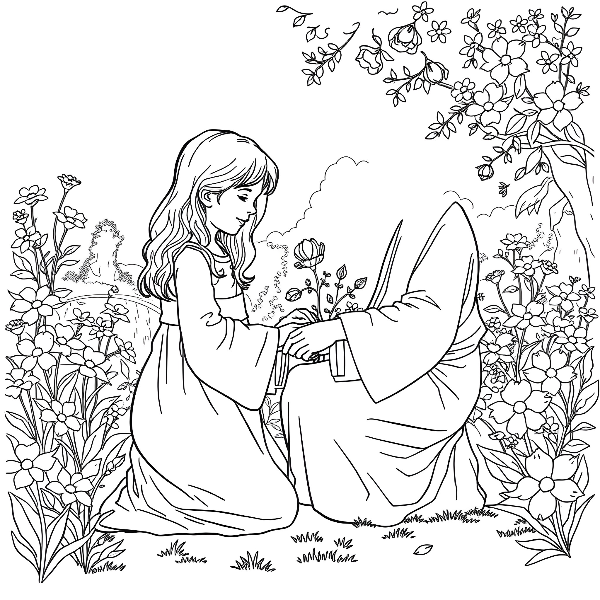 Jesus speaking to a young woman in a flowery garden Coloring Page (free black-and-white line drawing printable PDF for all, from beginners to advanced learners, including children, teens, adults, and seniors)