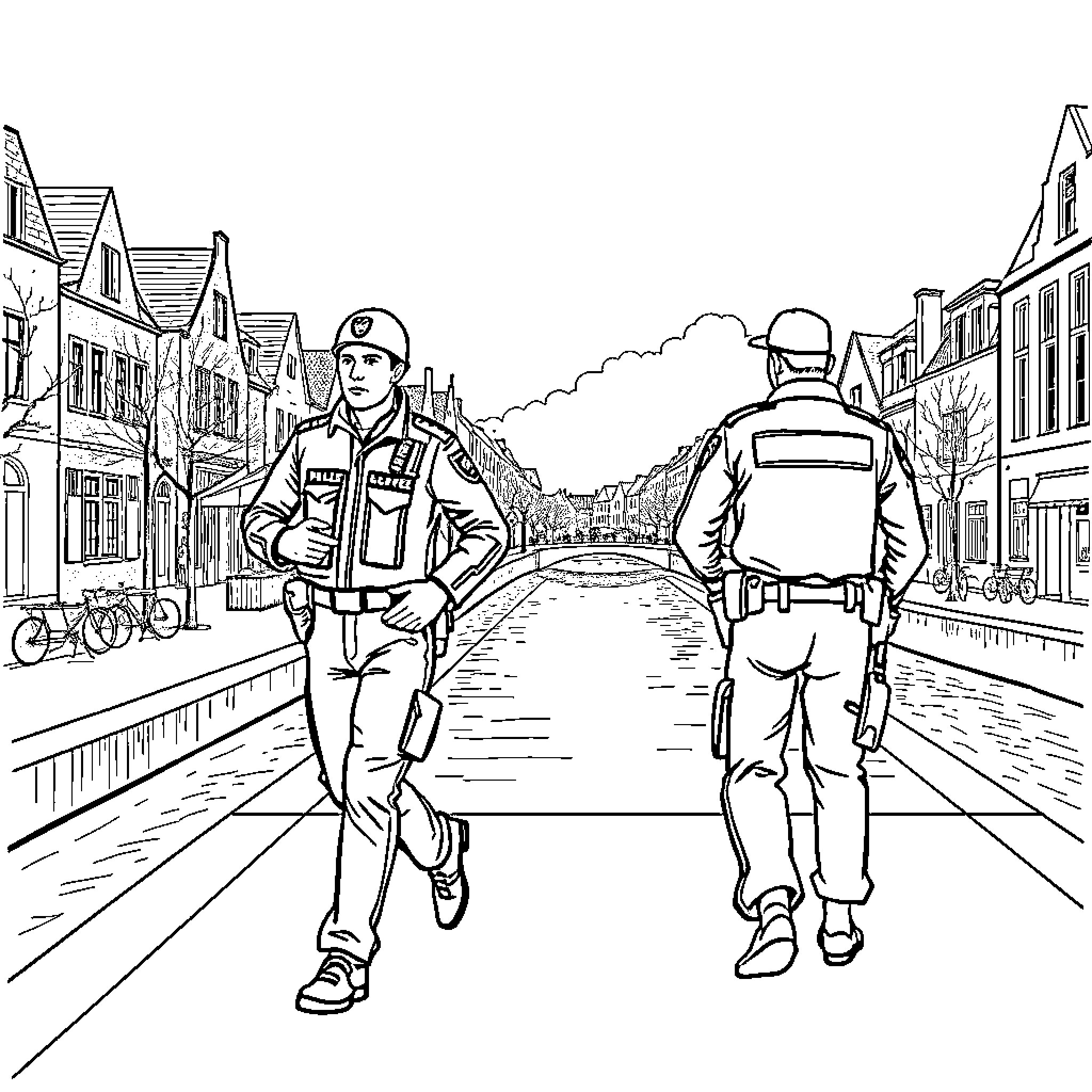 Policier Officers Patrolling a Small Town Street Coloring Page (free black-and-white line drawing printable PDF for all, from beginners to advanced learners, including children, teens, adults, and seniors)