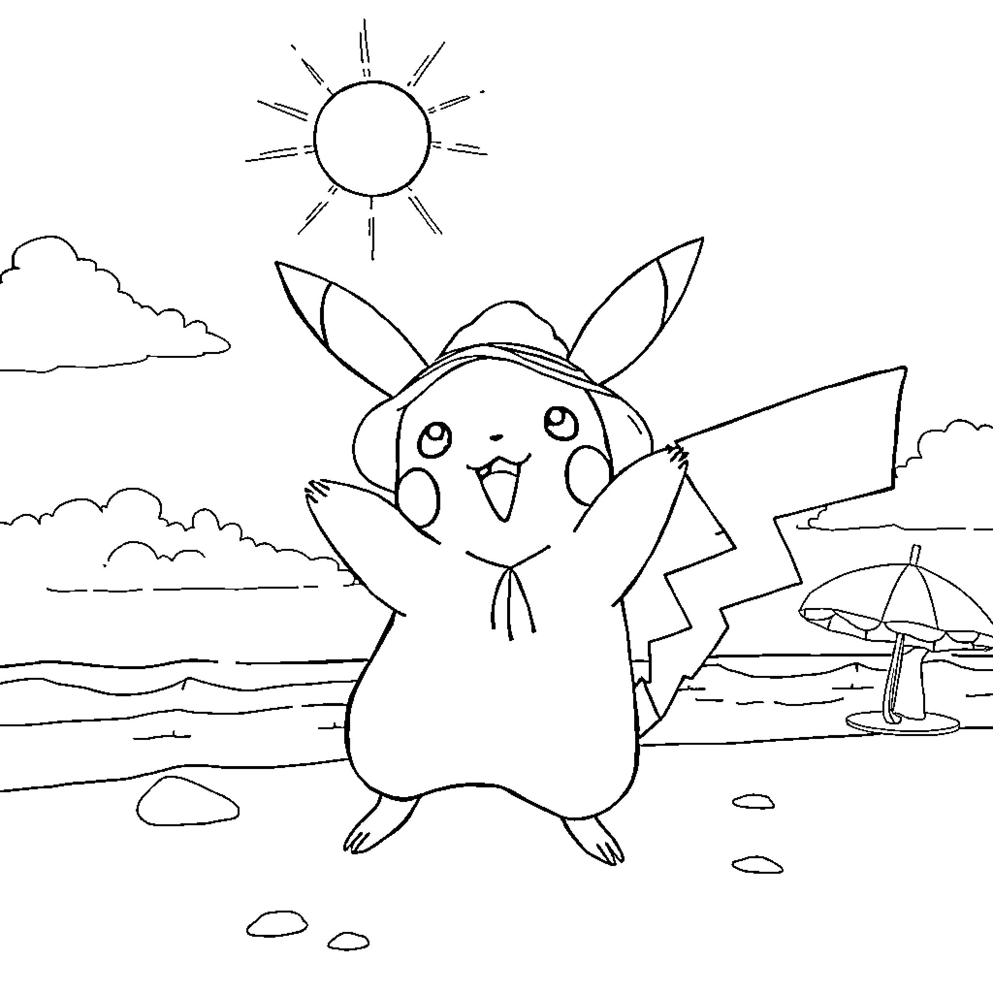 Pikachu enjoying a sunny day at the beach Coloring Page (free black-and-white line drawing printable PDF for all, from beginners to advanced learners, including children, teens, adults, and seniors)