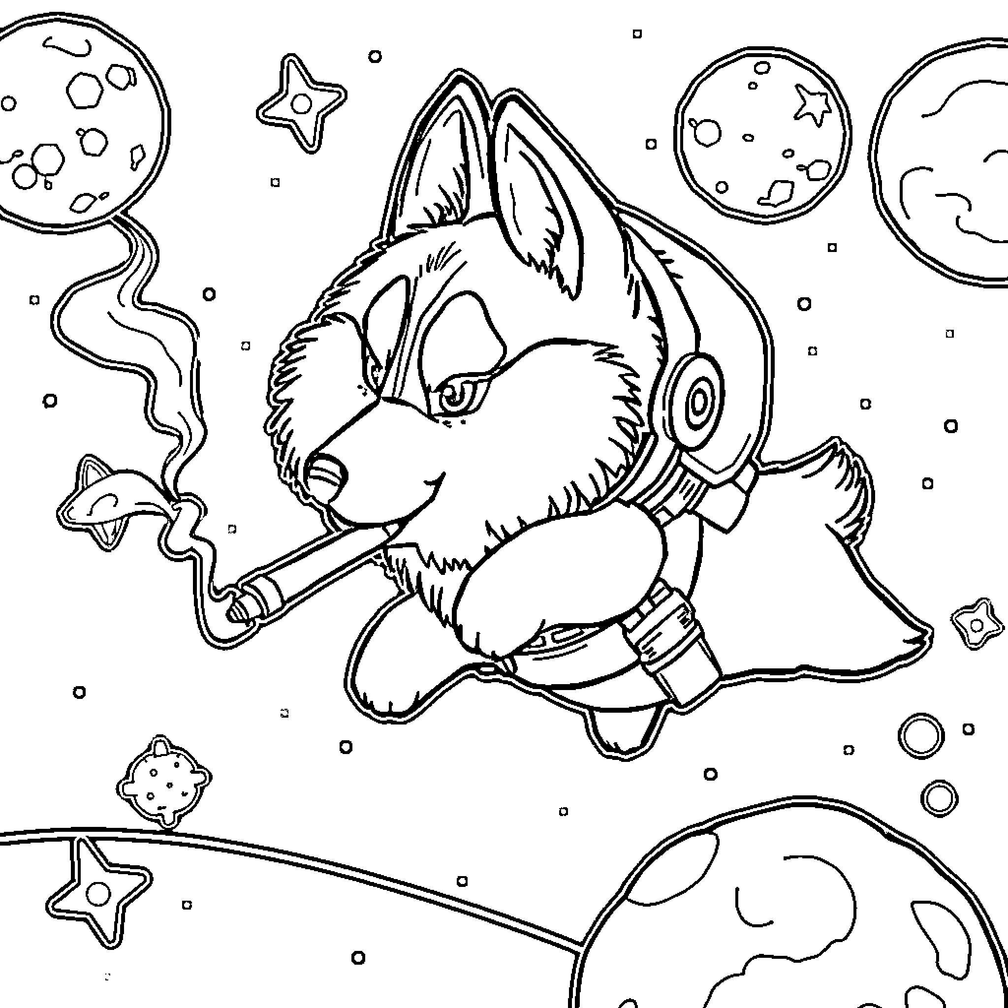 Husky astronaut exploring the cosmos Coloring Page (free black-and-white line drawing printable PDF for all, from beginners to advanced learners, including children, teens, adults, and seniors)