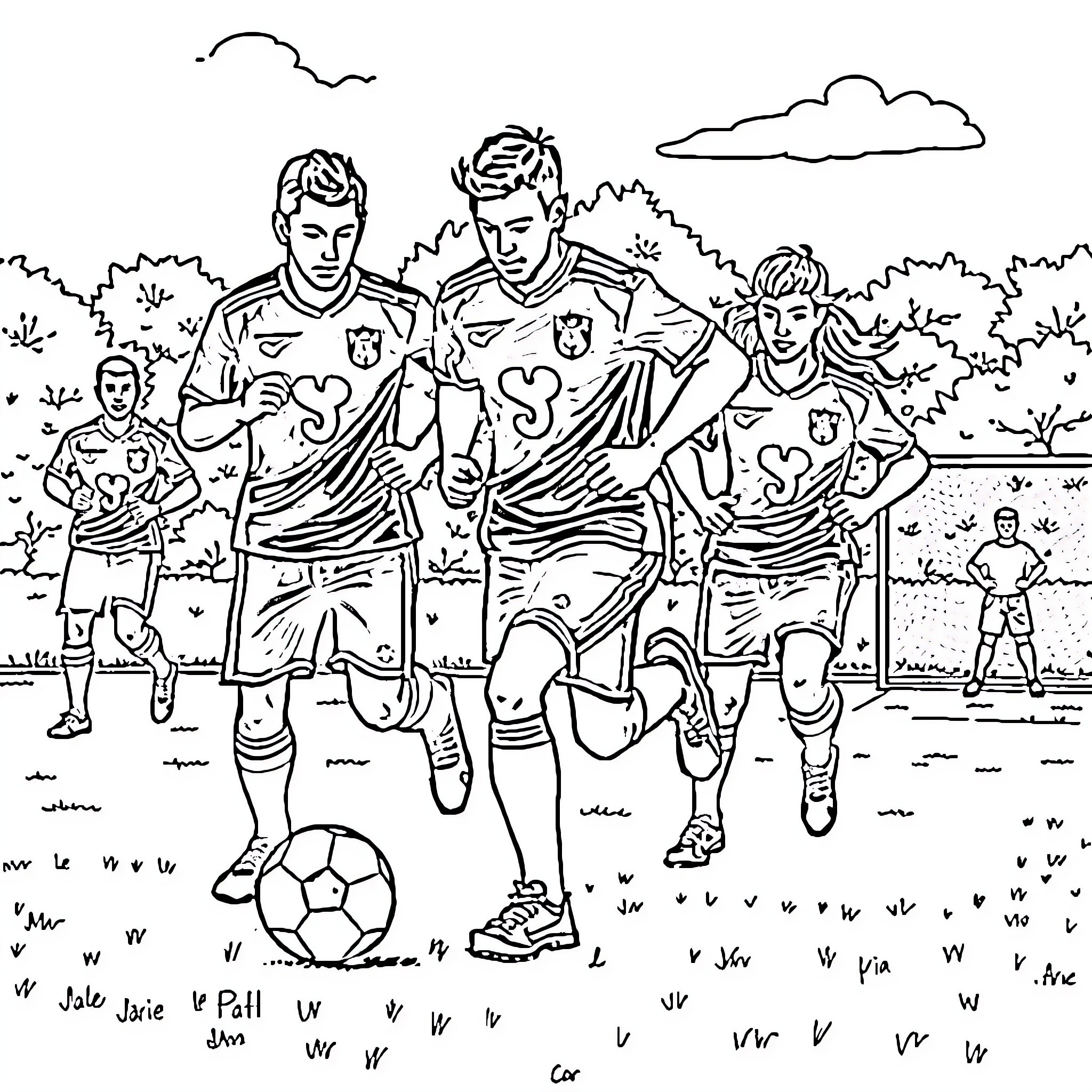 Paw Patrol soccer players in action on the field Coloring Page (free black-and-white line drawing printable PDF for all, from beginners to advanced learners, including children, teens, adults, and seniors)