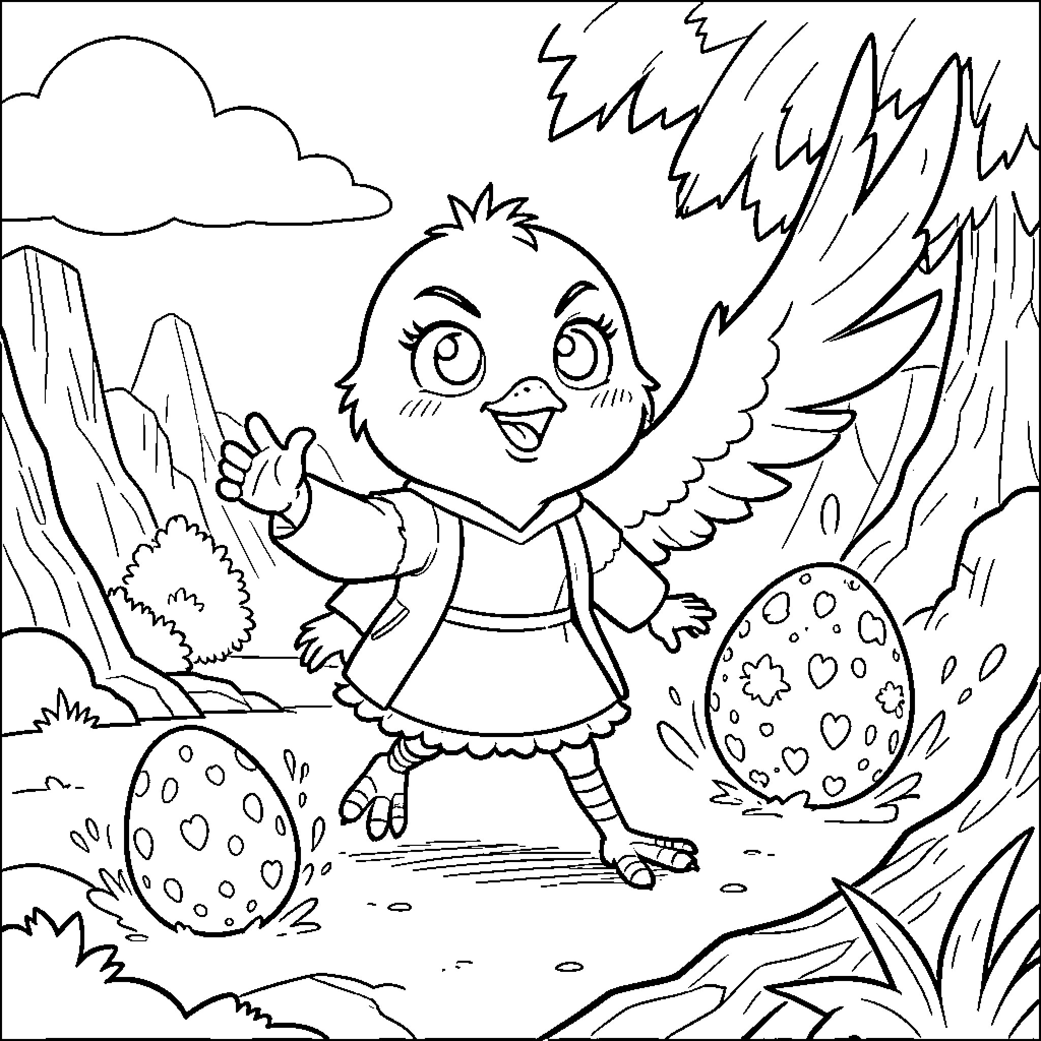 Chick happily waving amidst large spotted eggs Coloring Page (free black-and-white line drawing printable PDF for all, from beginners to advanced learners, including children, teens, adults, and seniors)