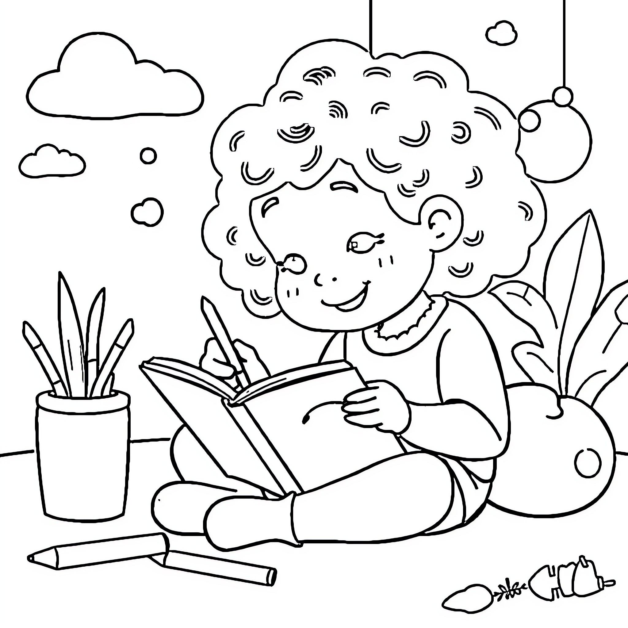 Children's Activity - Child Reading a Book Coloring Page (free black-and-white line drawing printable PDF for all, from beginners to advanced learners, including children, teens, adults, and seniors)
